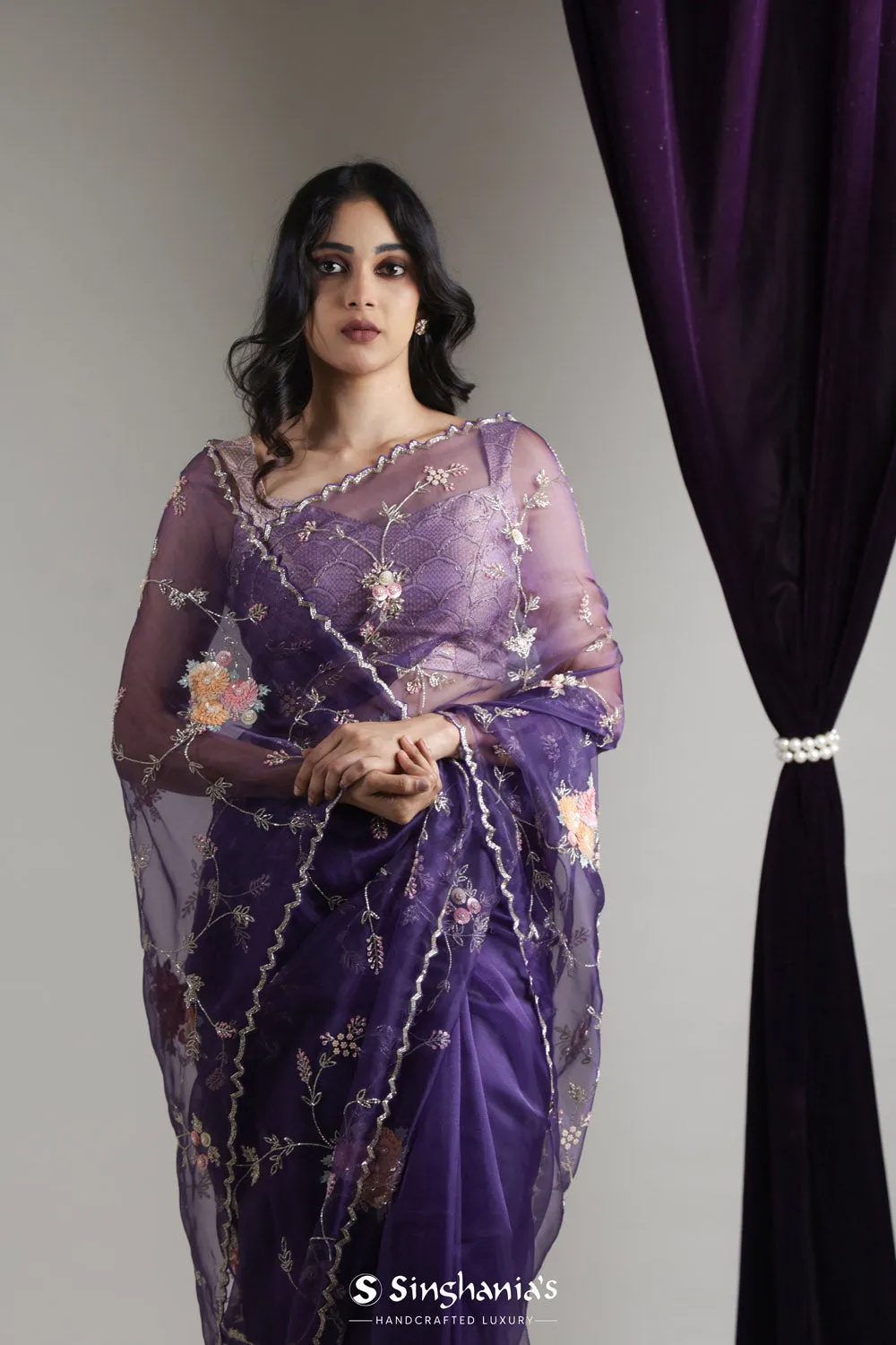 Rich Purple Designer Organza Saree With Floral Jaal Embroidery