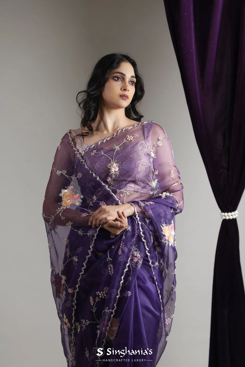 Rich Purple Designer Organza Saree With Floral Jaal Embroidery