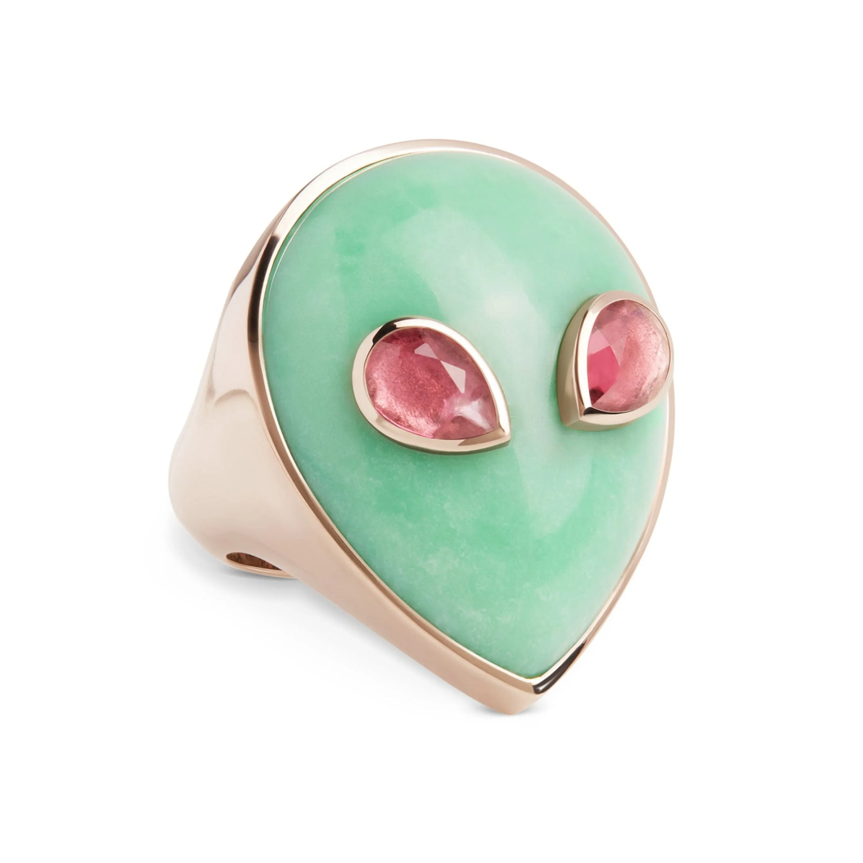 Signature alien ring white gold with chrysoprase and pink tourmaline