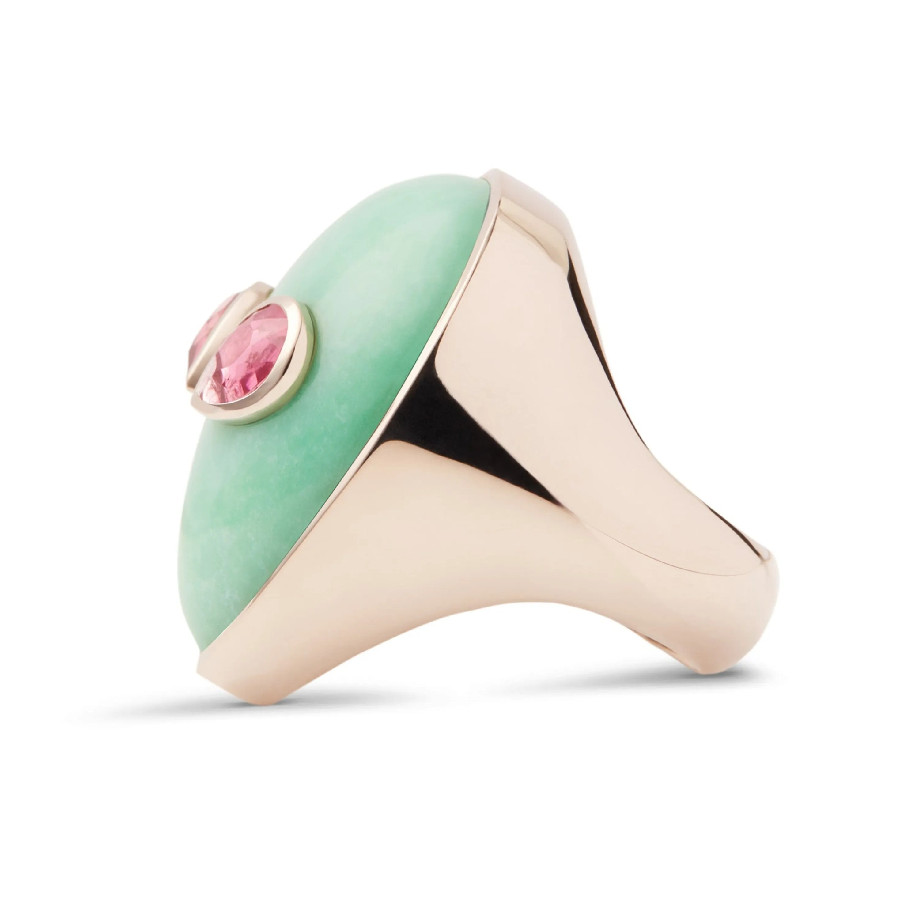 Signature alien ring white gold with chrysoprase and pink tourmaline