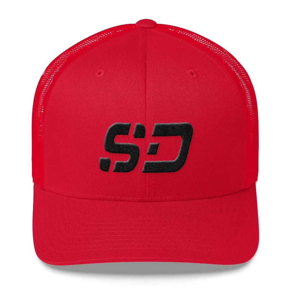 South Dakota - Mesh Back Trucker Cap - Black Embroidery - SD - Many Hat Color Options Available