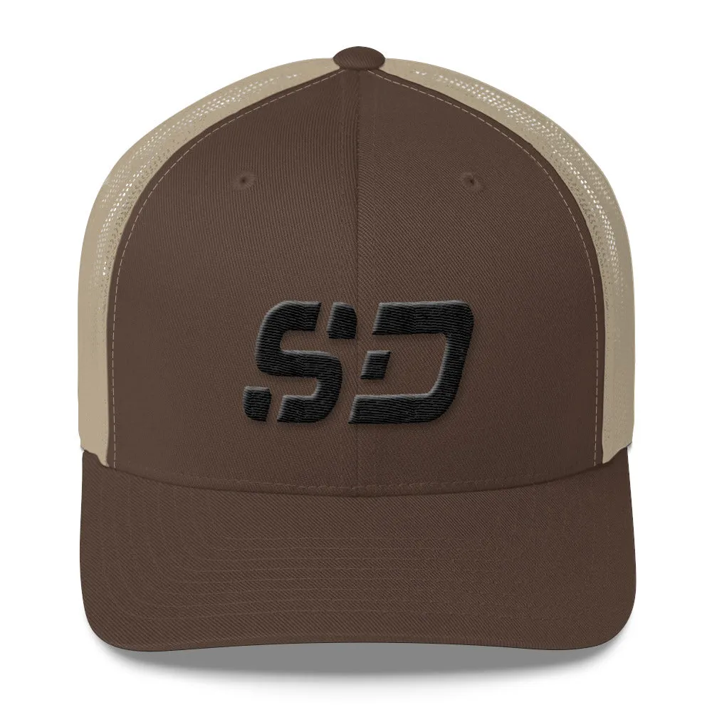 South Dakota - Mesh Back Trucker Cap - Black Embroidery - SD - Many Hat Color Options Available