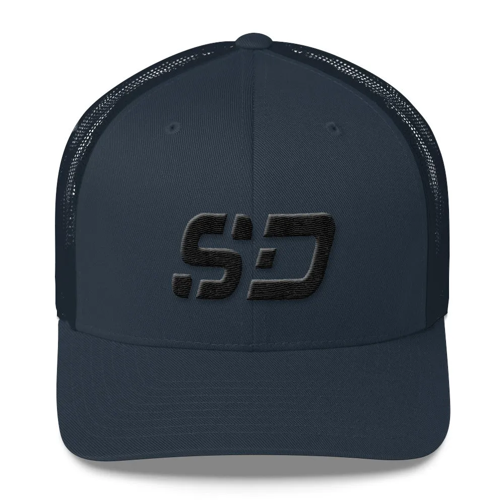 South Dakota - Mesh Back Trucker Cap - Black Embroidery - SD - Many Hat Color Options Available