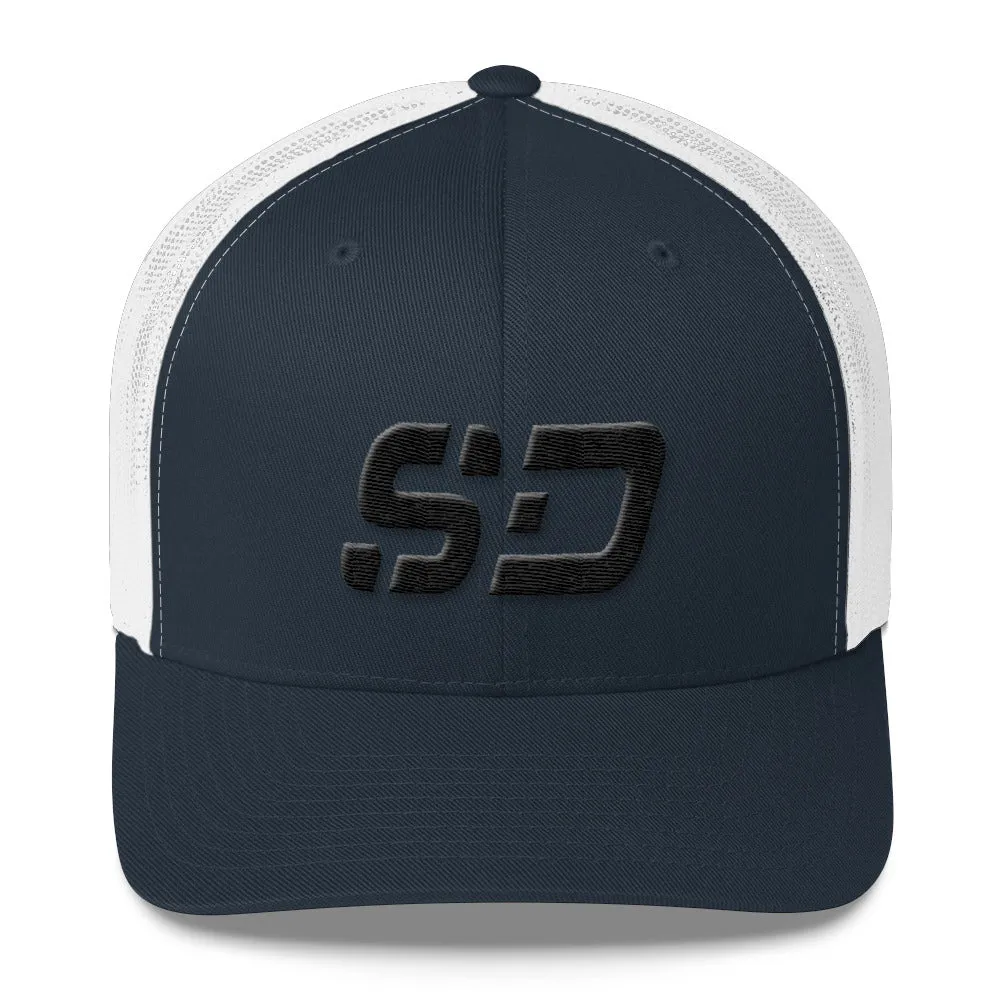 South Dakota - Mesh Back Trucker Cap - Black Embroidery - SD - Many Hat Color Options Available