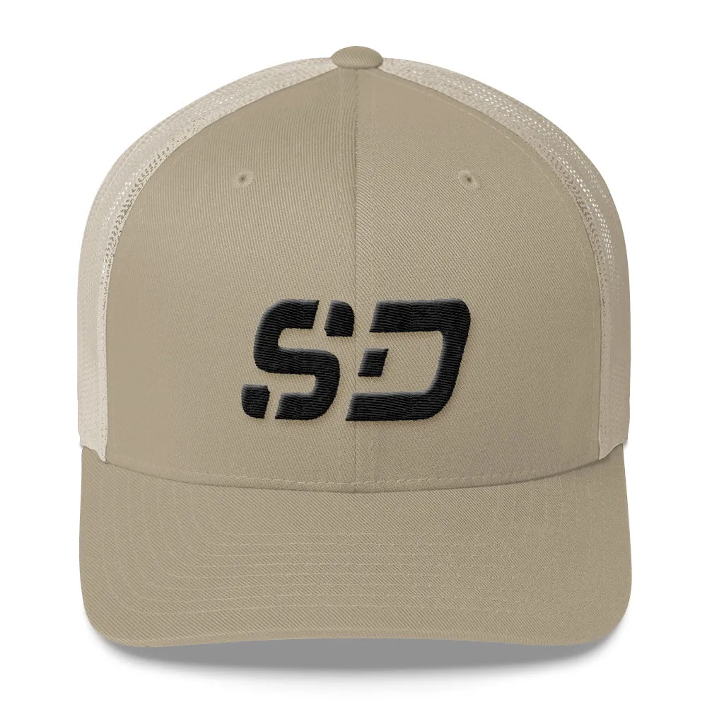 South Dakota - Mesh Back Trucker Cap - Black Embroidery - SD - Many Hat Color Options Available