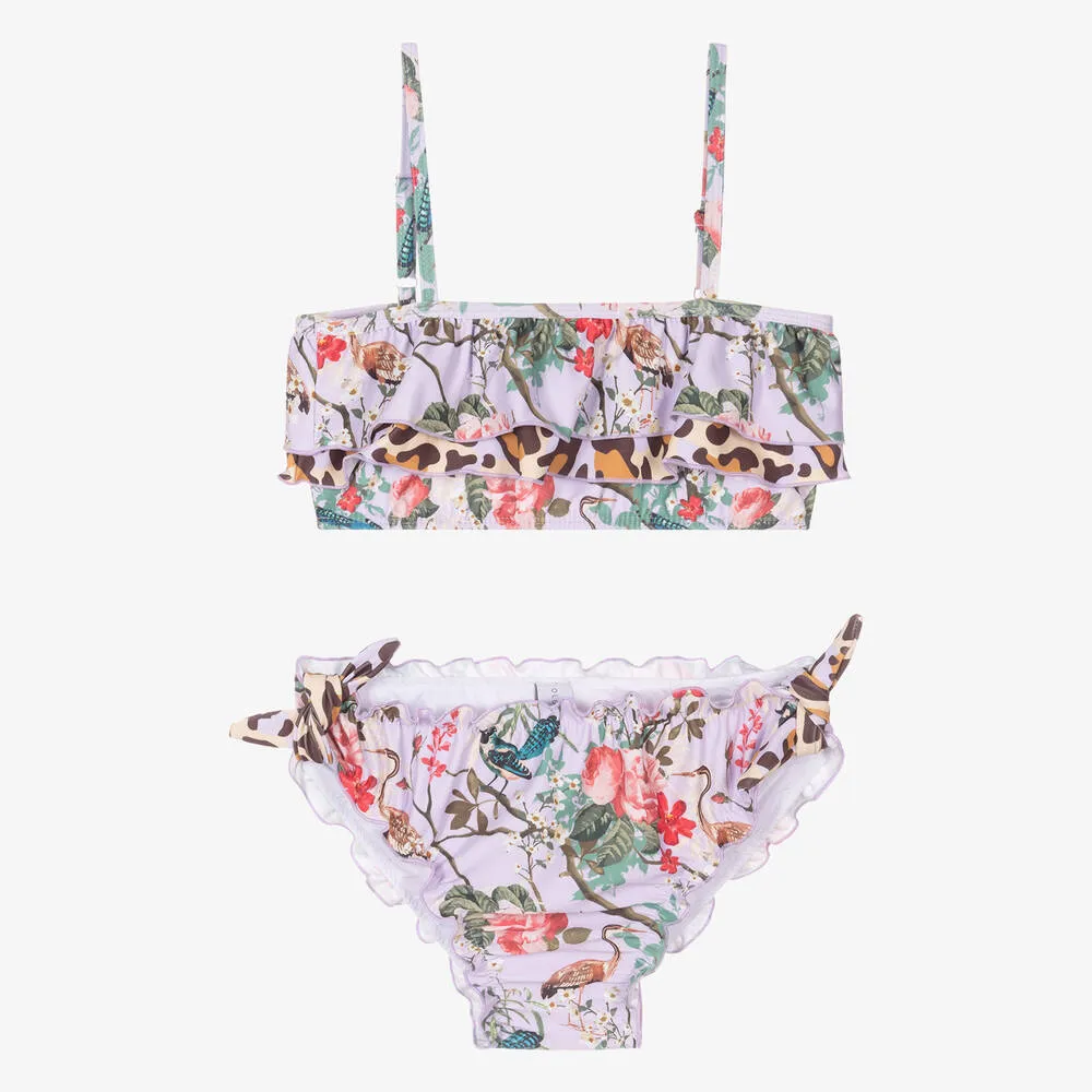 Teen Girls Purple Floral Frilly Bikini (UPF50+)