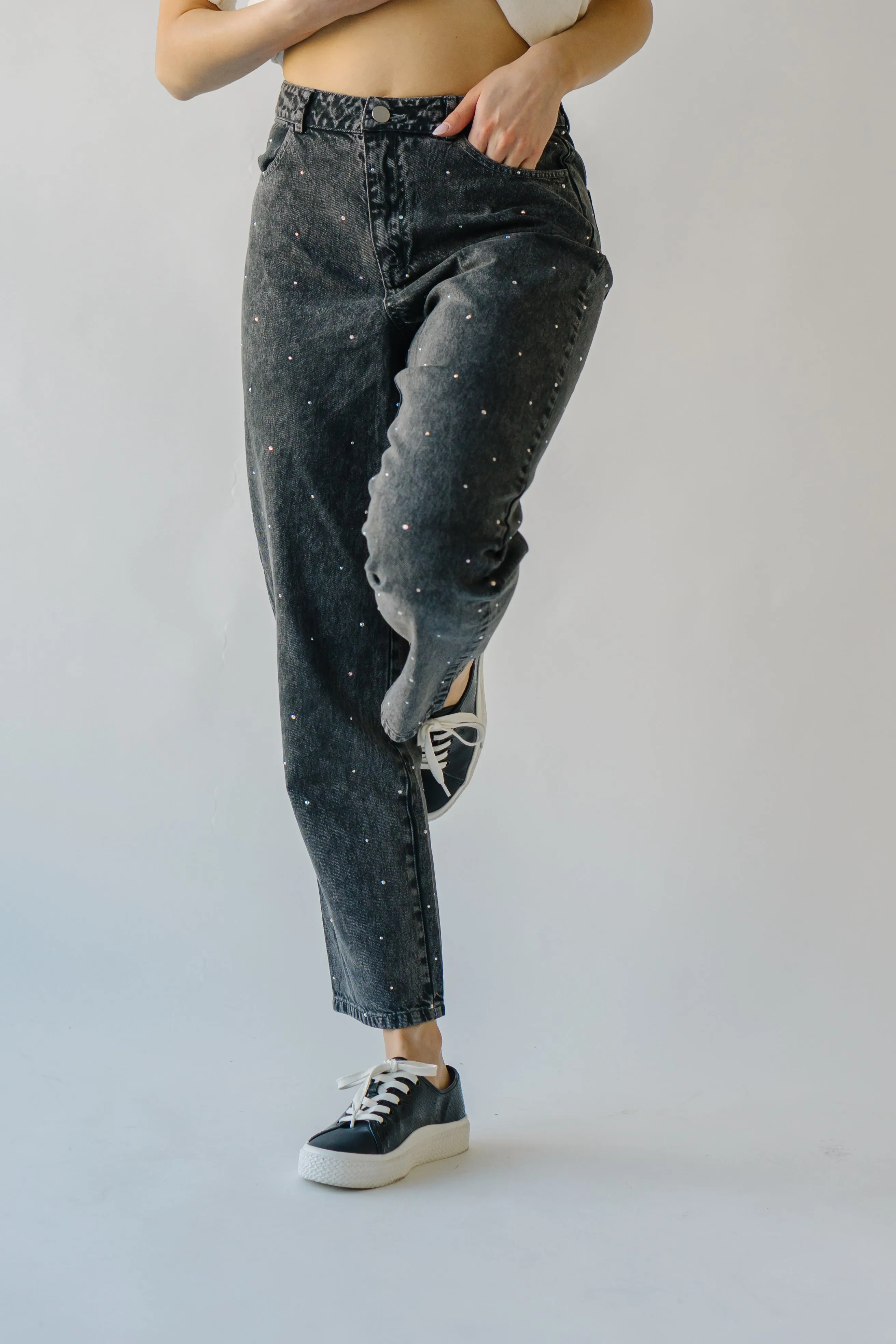 The Dana Rhinestone Jean in Washed Grey