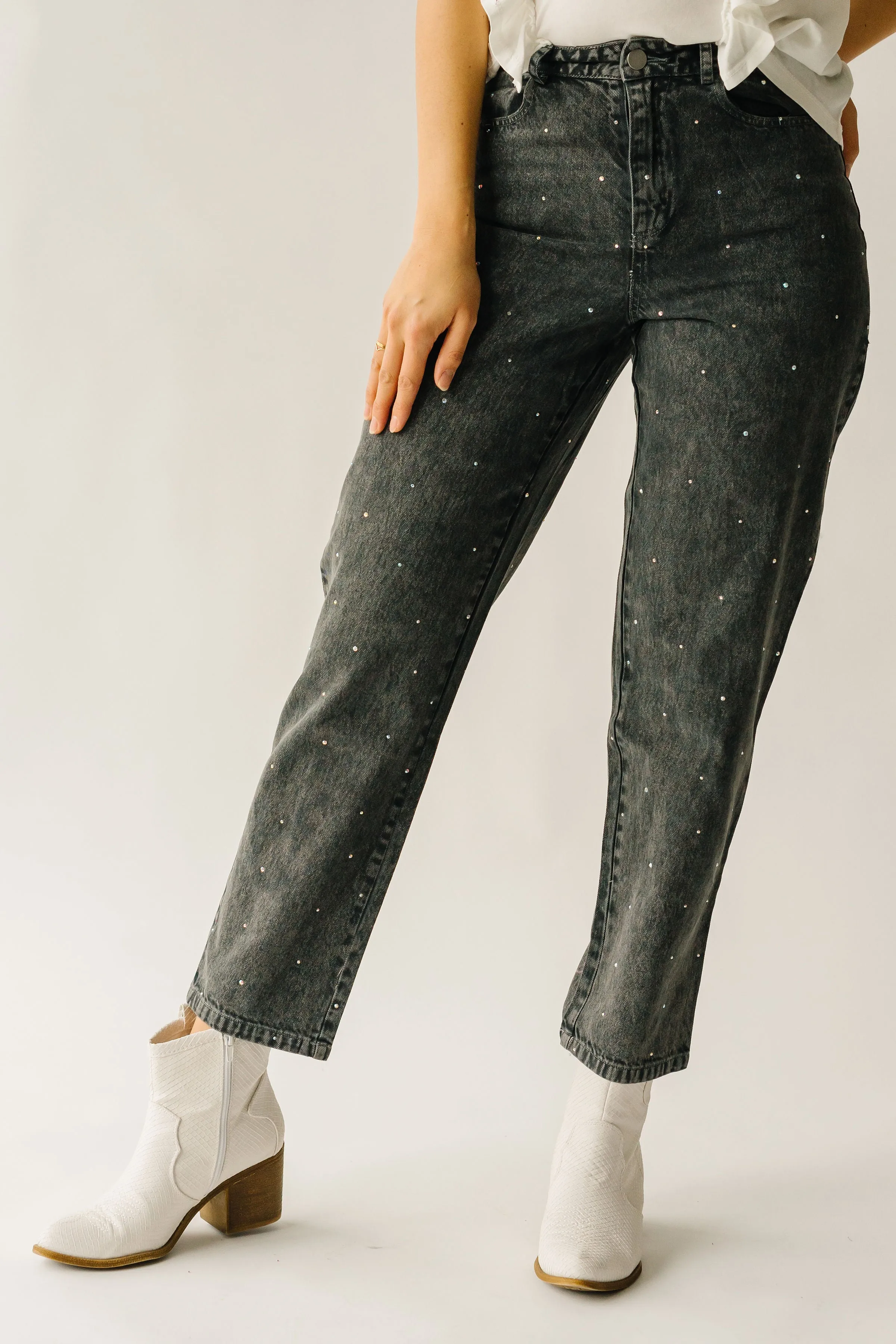 The Dana Rhinestone Jean in Washed Grey