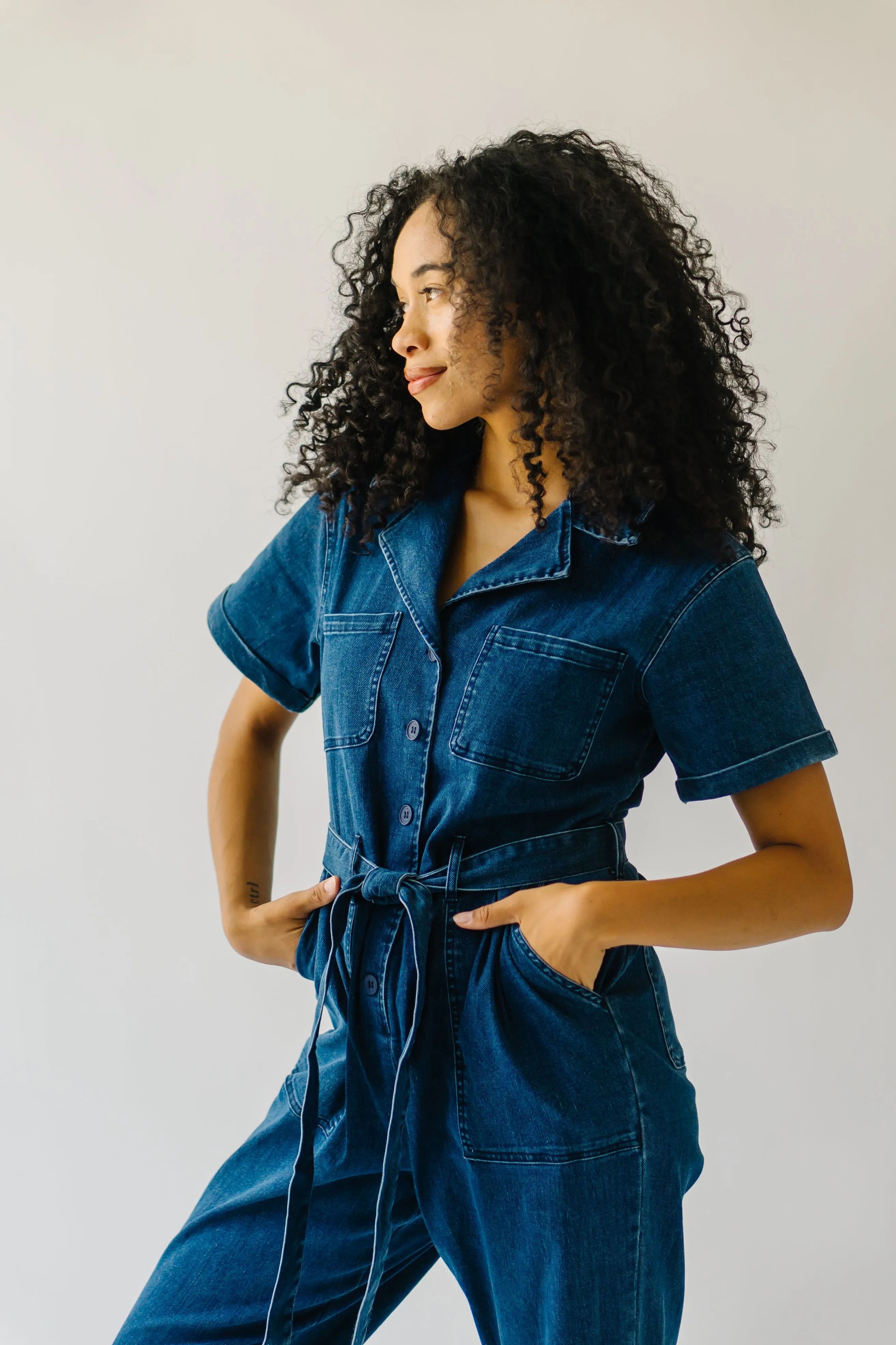 The Fleming Tie Denim Jumpsuit in Blue