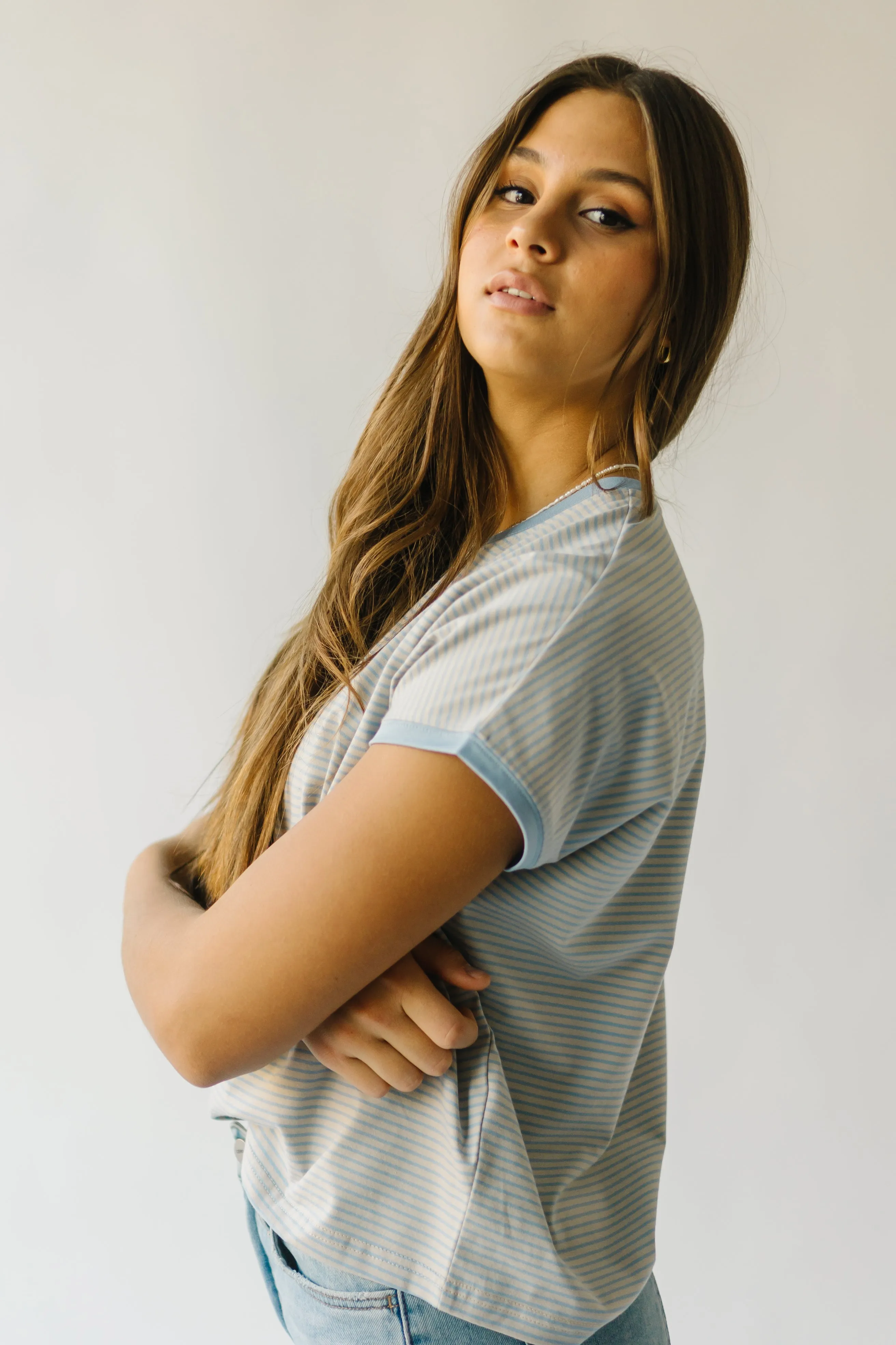 The Gamett Striped Tee in Grey + Blue