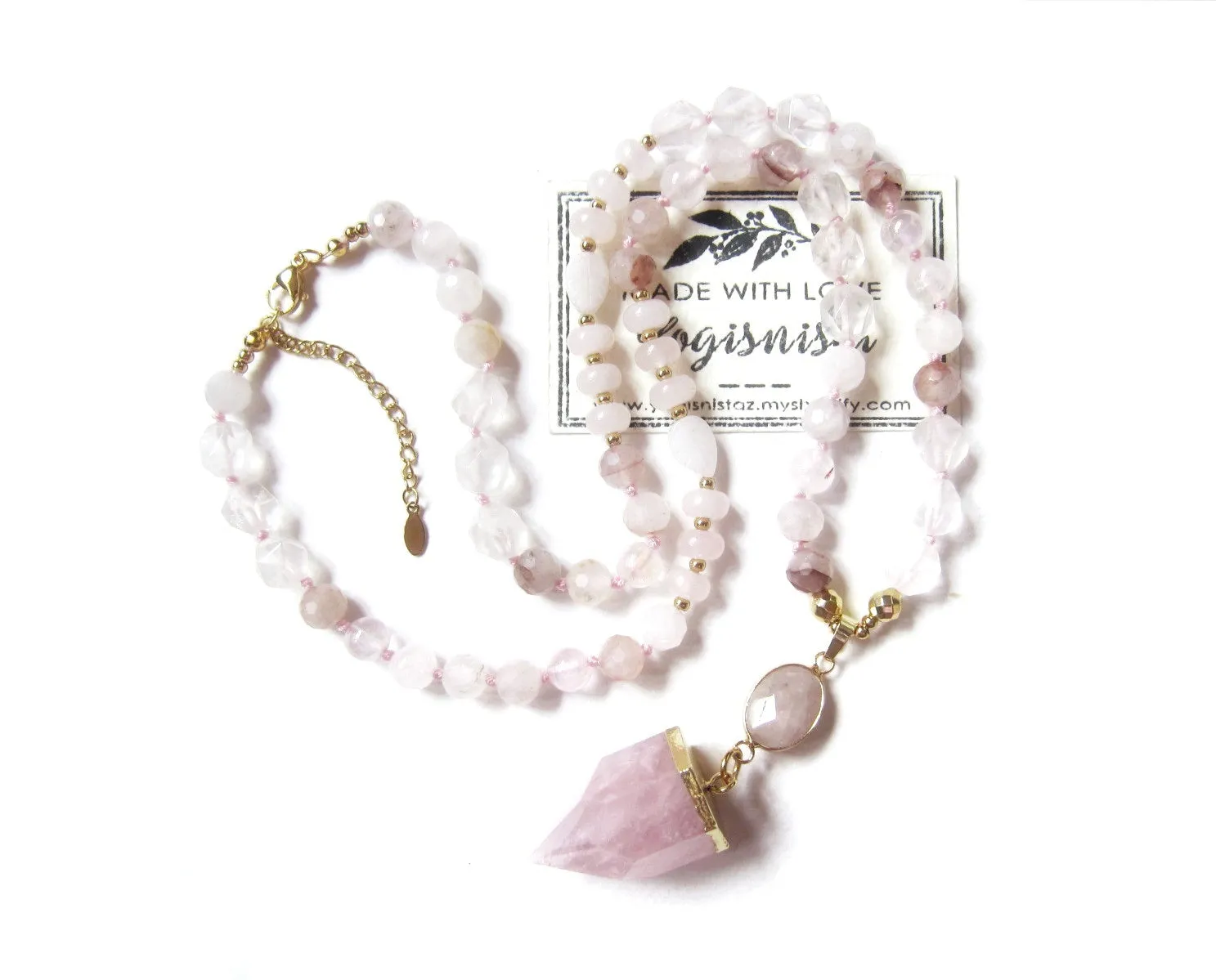 The Pink Goddess Mala Necklace in Rose Quartz Pendant