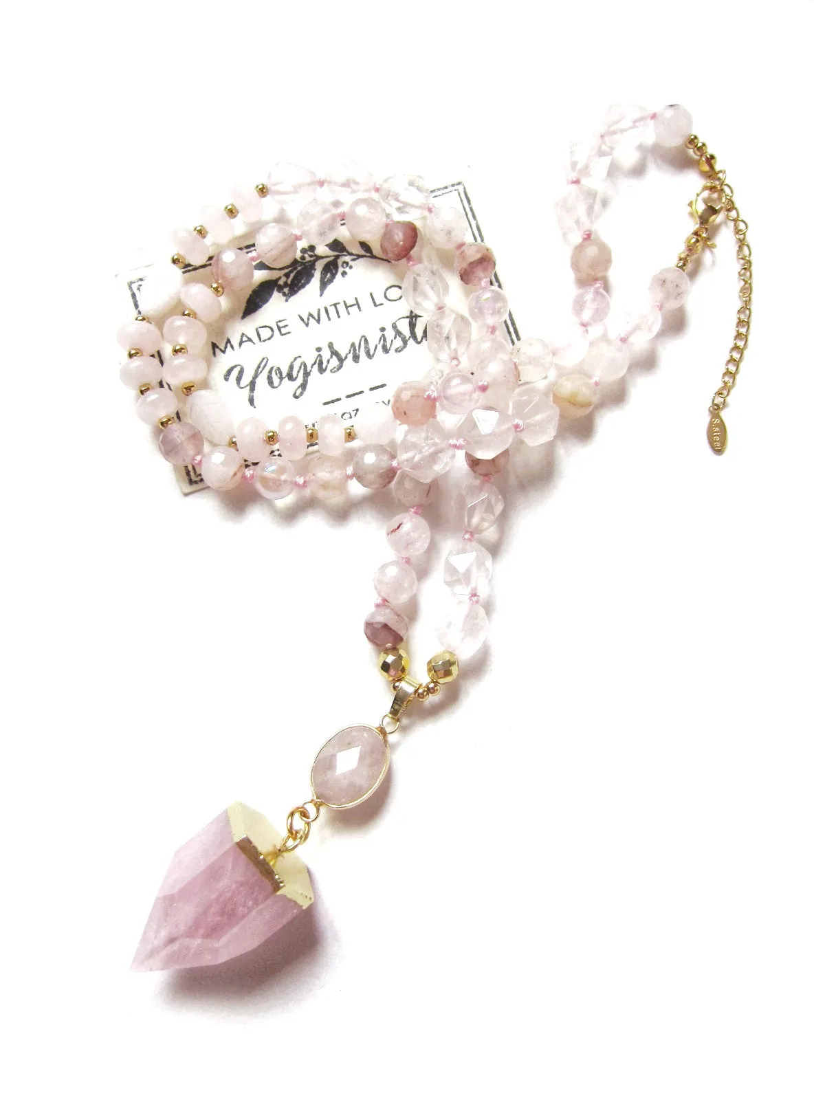 The Pink Goddess Mala Necklace in Rose Quartz Pendant