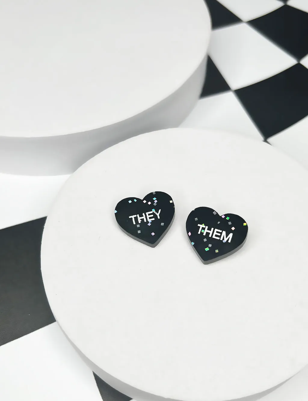 THEY/THEM HEART STUDS - BLACK GLITTER