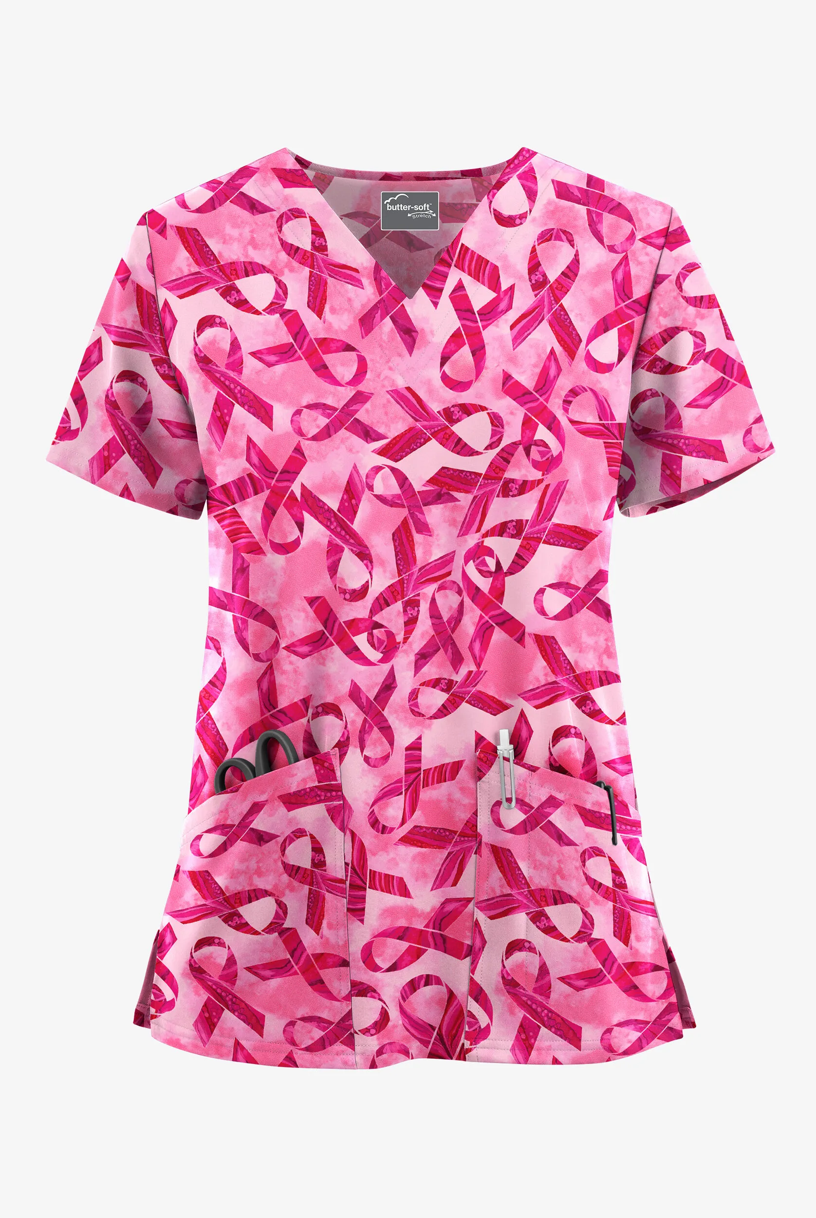 UA Butter-Soft STRETCH Pink Courage Fuchsia Women's 2-Pocket V-Neck Print Scrub Top