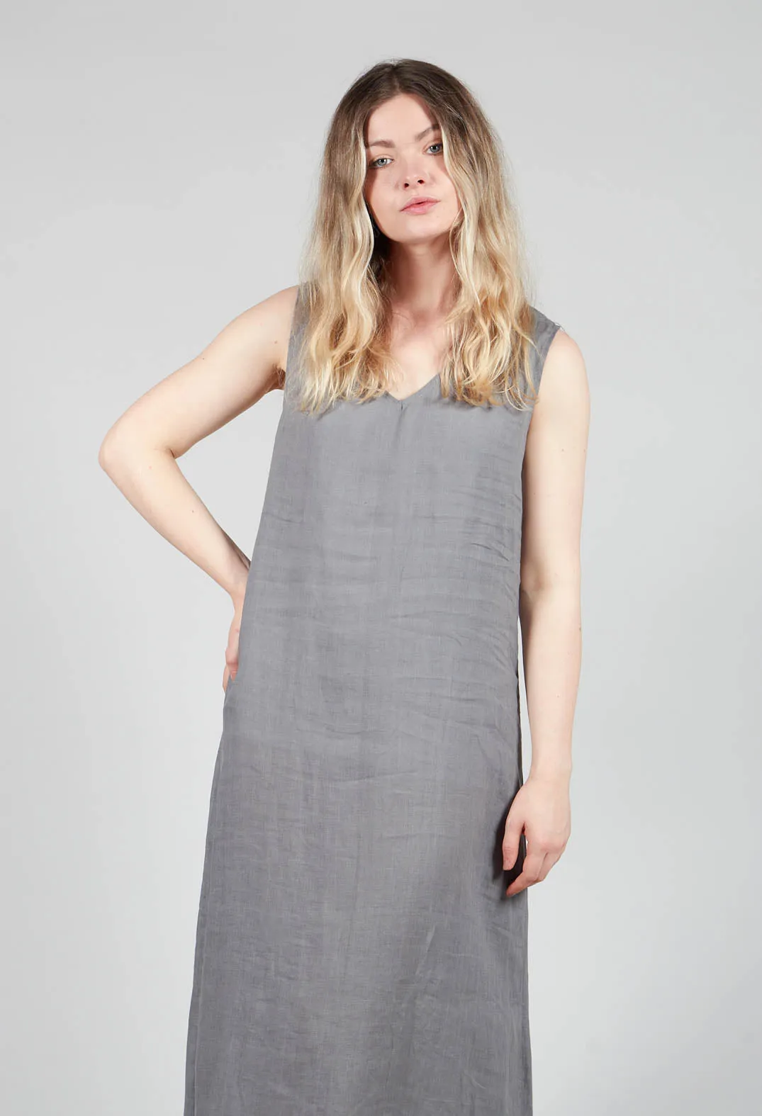 V-Neck Linen Dress in Grey