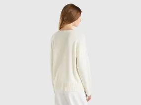 V-neck sweater in wool blend - Creamy White | Benetton