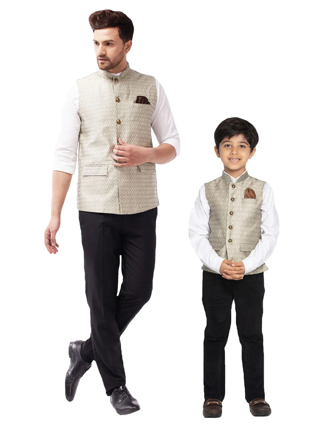 VASTRAMAY Beige Baap Beta Ethnic Jacket Set