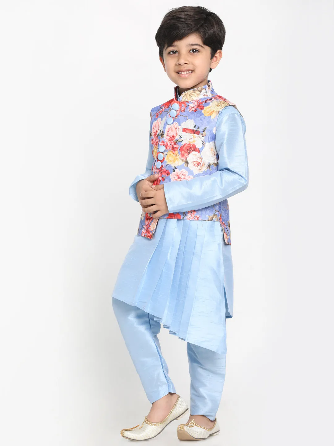 Vastramay Boy's Blue Asymmetric Kurta With Floral Printed Jacket And Pyjama Set