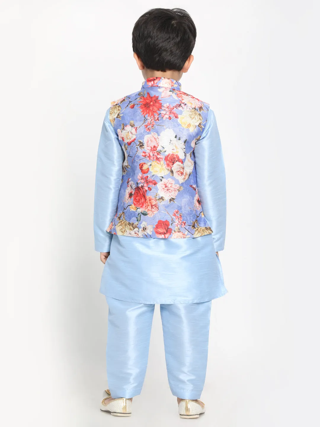 Vastramay Boy's Blue Asymmetric Kurta With Floral Printed Jacket And Pyjama Set