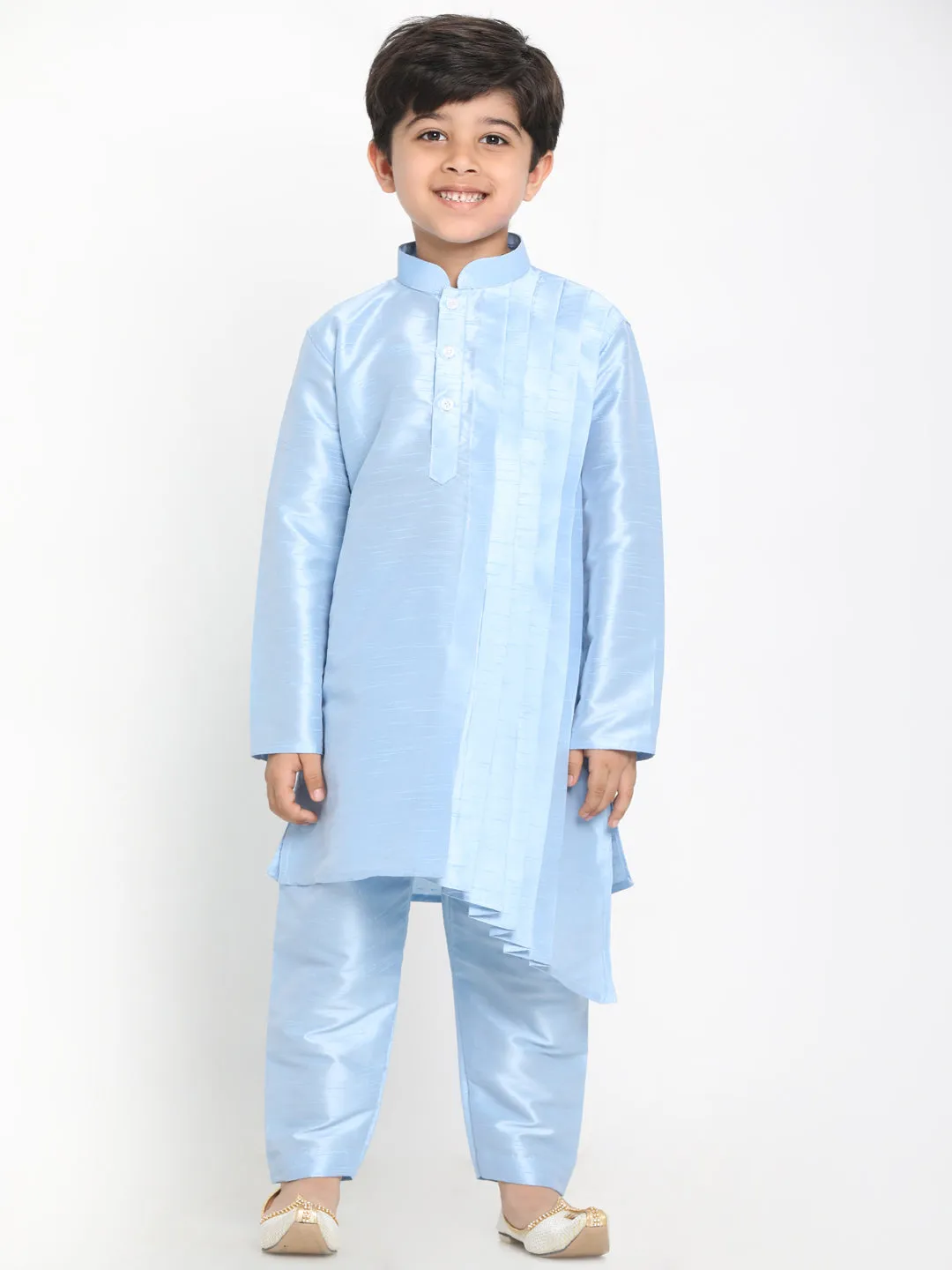 Vastramay Boy's Blue Asymmetric Kurta With Floral Printed Jacket And Pyjama Set