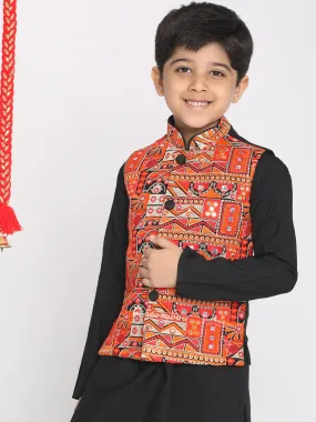 VASTRAMAY Boys' Orange And Black Nehru Jacket