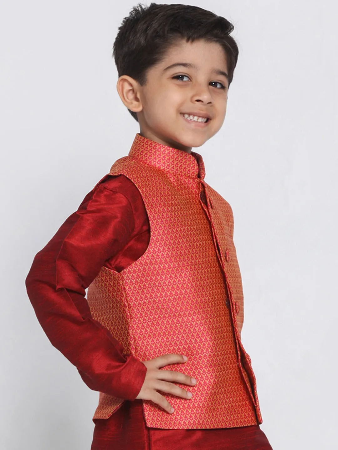 VASTRAMAY Boys Pink & Orange Woven Design Nehru Jacket