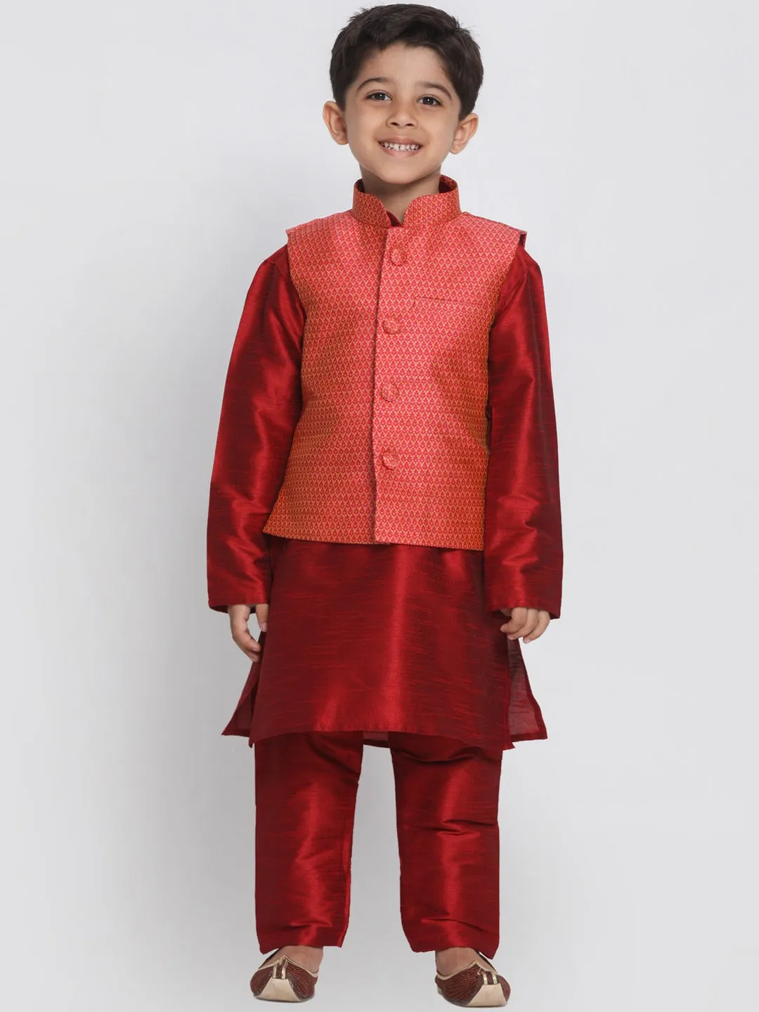 VASTRAMAY Boys Pink & Orange Woven Design Nehru Jacket