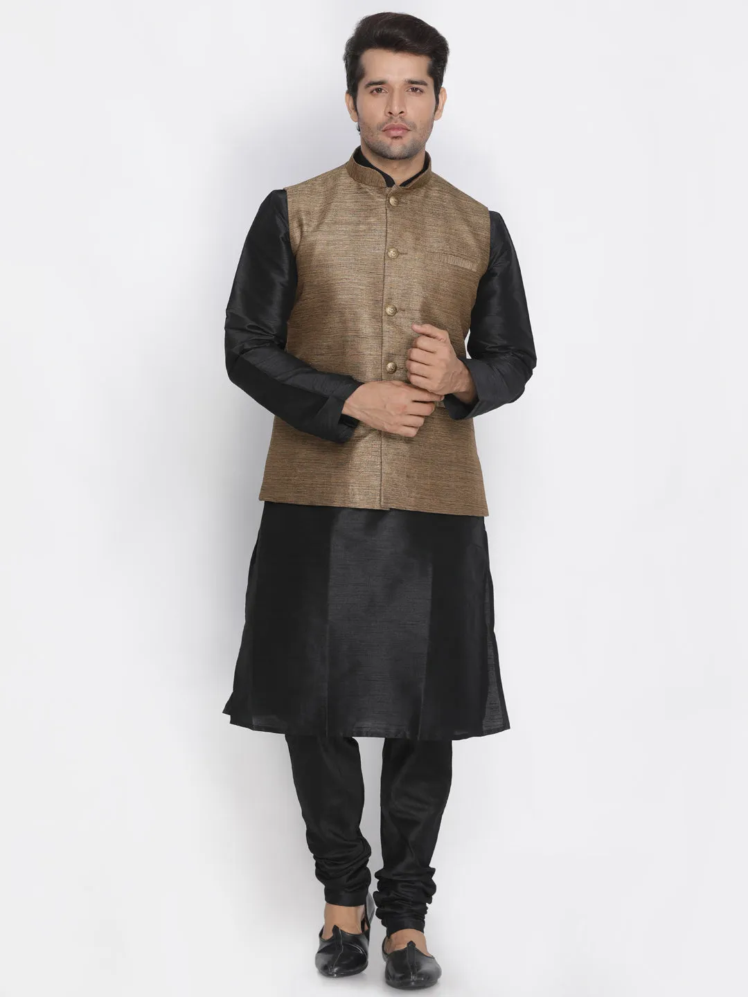 VASTRAMAY Men's Brown Cotton Silk Blend Ethnic Jacket