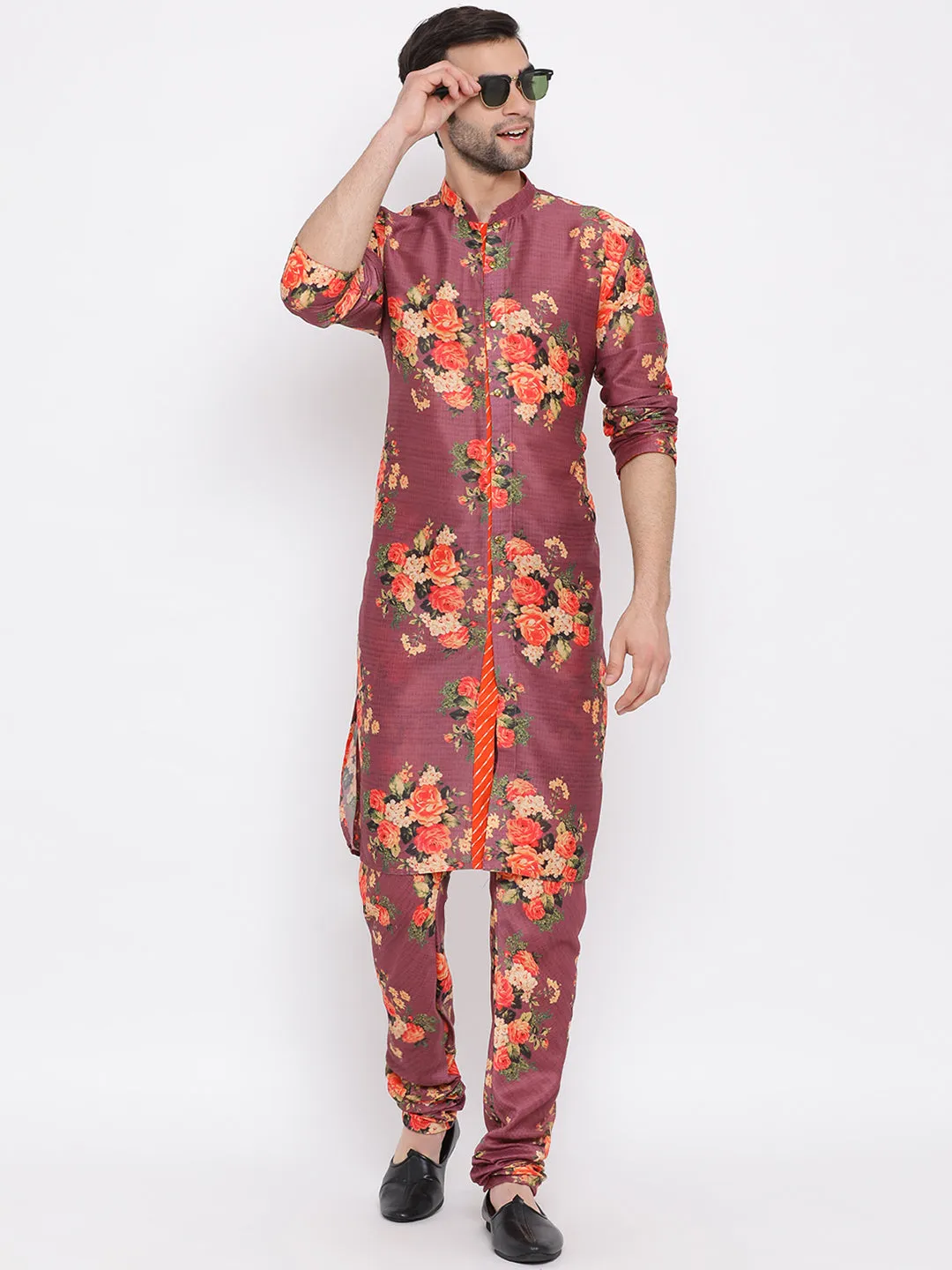 VASTRAMAY Purple Floral Printed Kurta Pyjama Set With Leharia Border