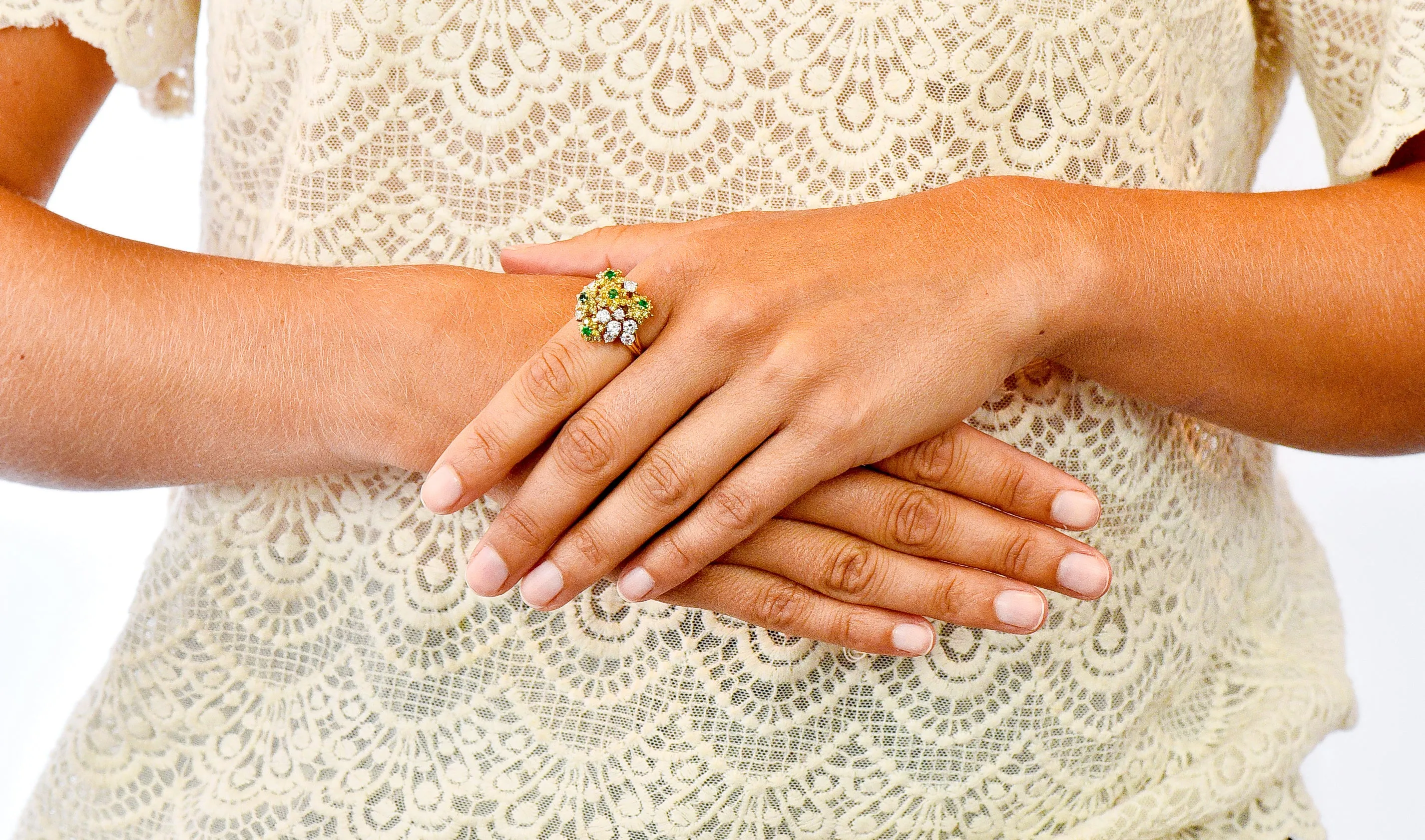 Vintage 3.21 CTW Yellow and White Diamond Emerald 18 Karat Gold Floral Cluster Ring