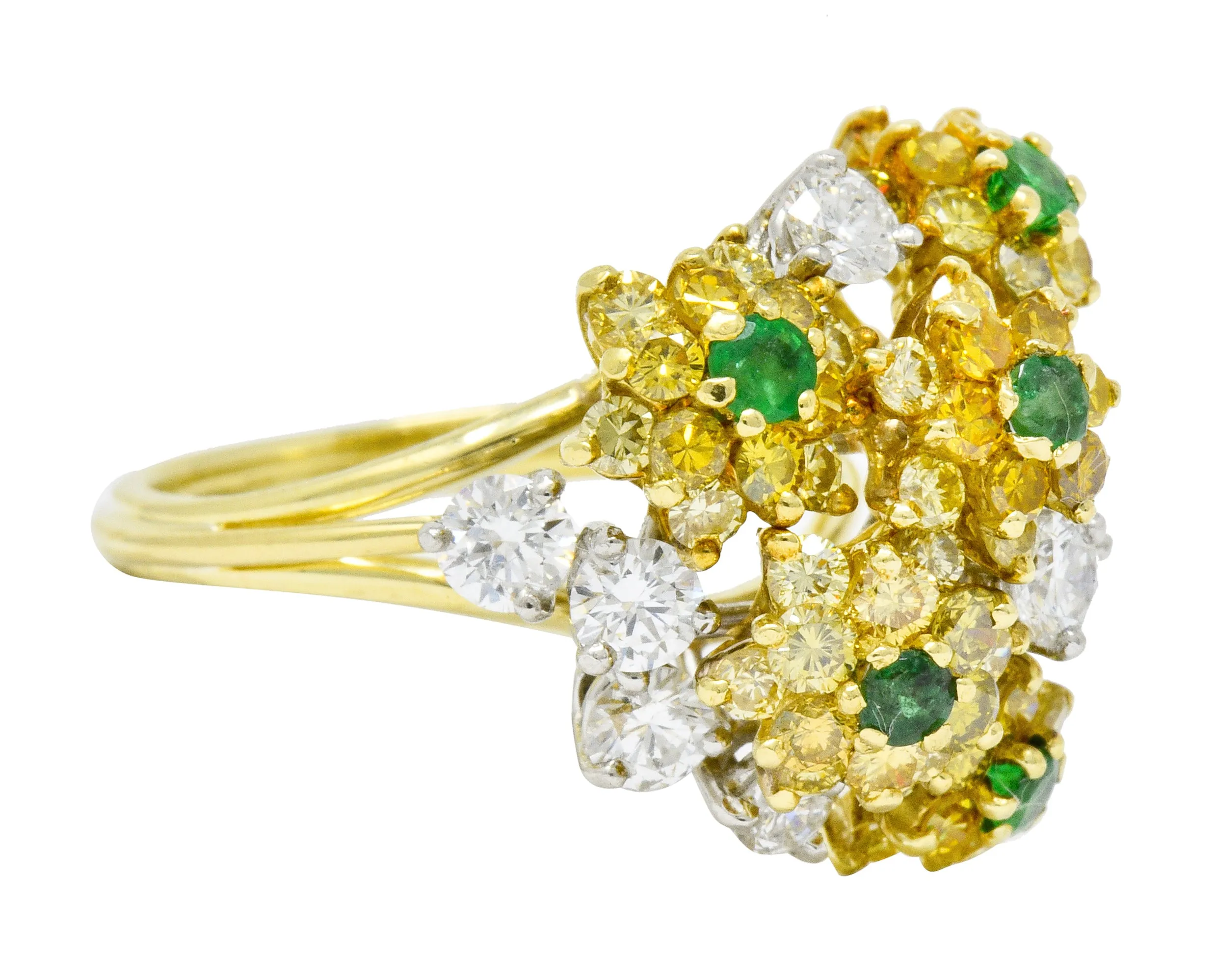 Vintage 3.21 CTW Yellow and White Diamond Emerald 18 Karat Gold Floral Cluster Ring