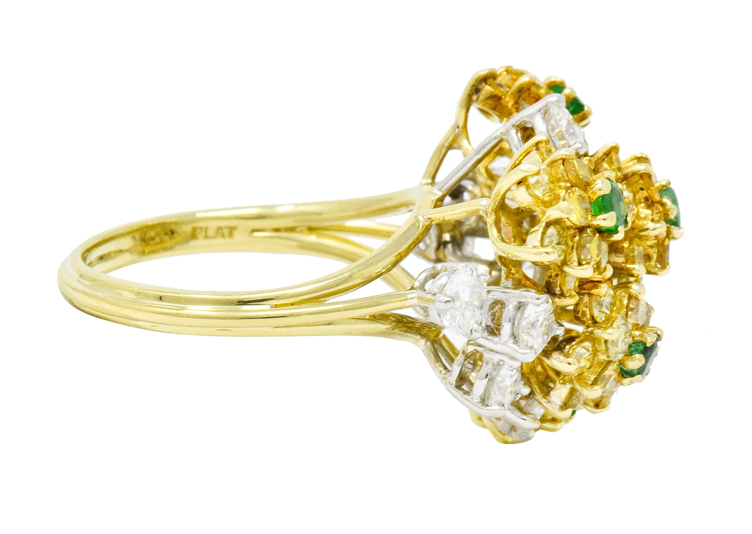 Vintage 3.21 CTW Yellow and White Diamond Emerald 18 Karat Gold Floral Cluster Ring