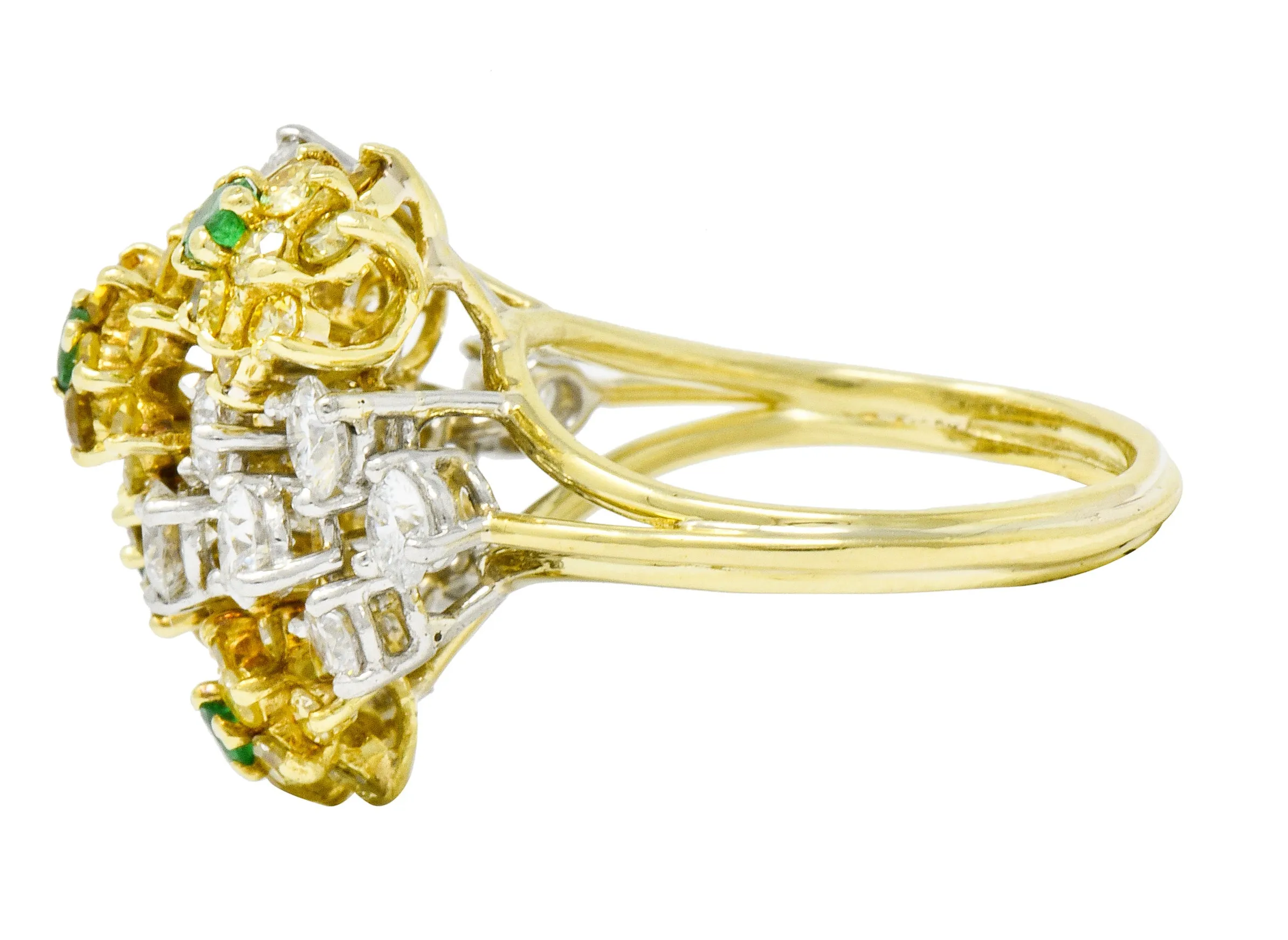 Vintage 3.21 CTW Yellow and White Diamond Emerald 18 Karat Gold Floral Cluster Ring