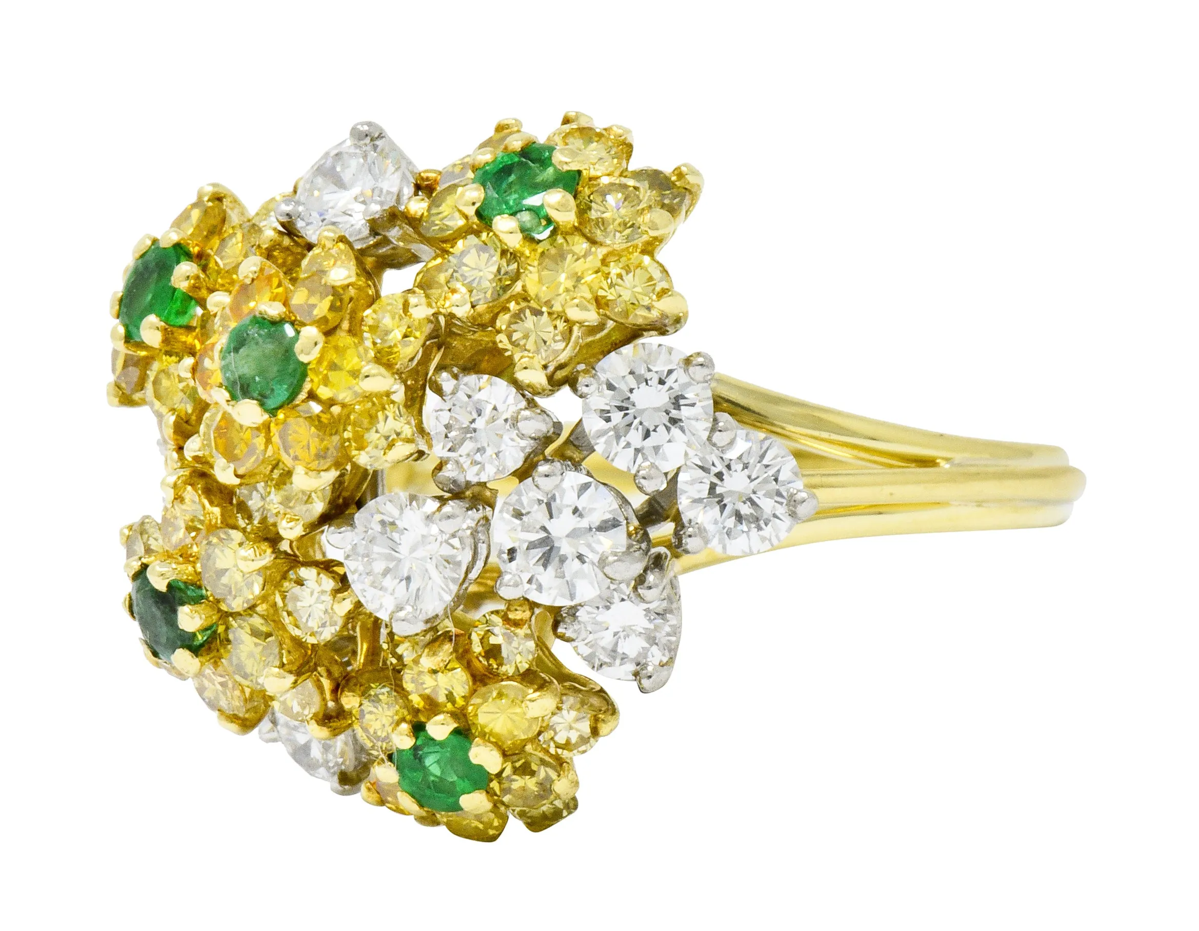 Vintage 3.21 CTW Yellow and White Diamond Emerald 18 Karat Gold Floral Cluster Ring