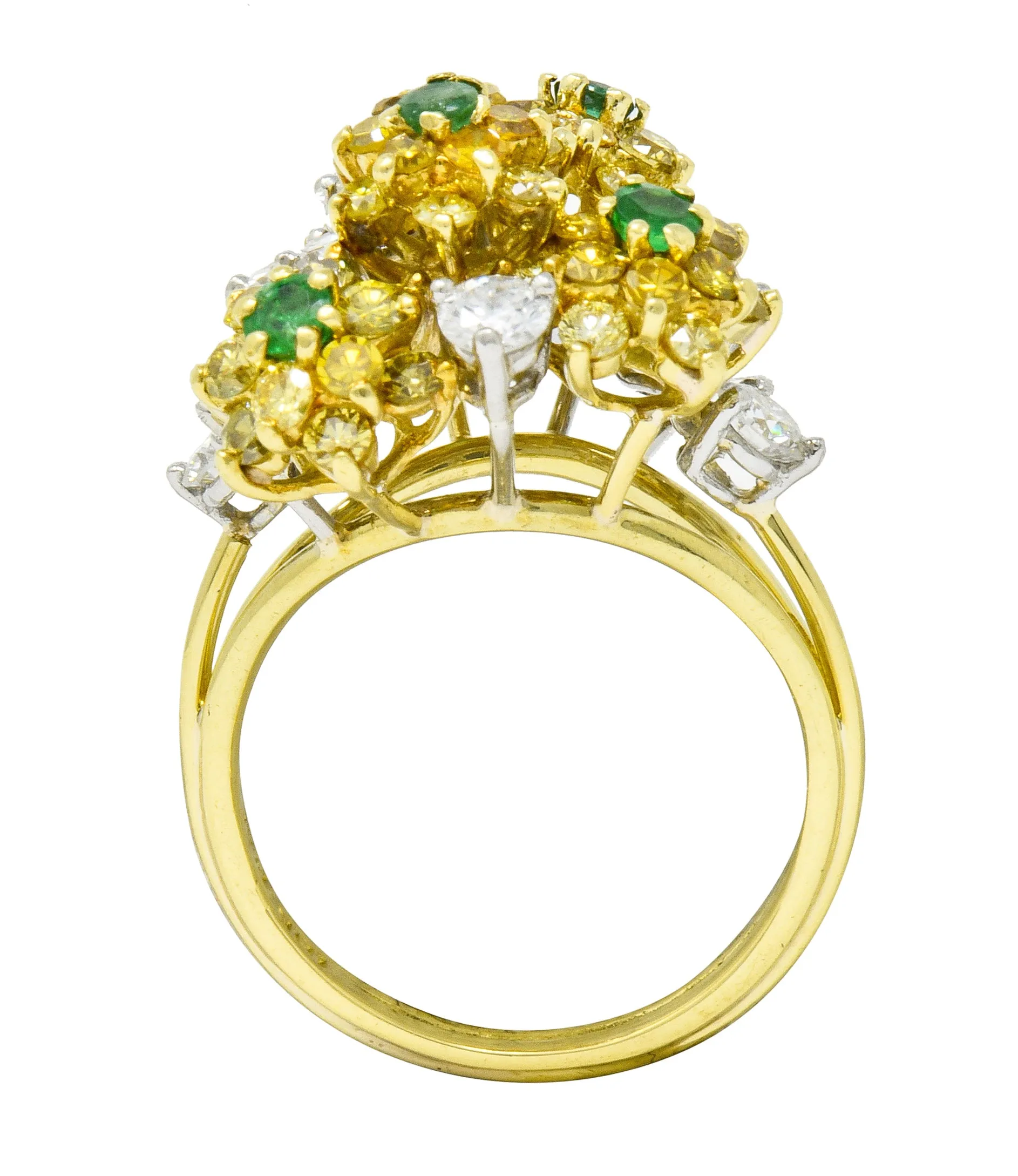 Vintage 3.21 CTW Yellow and White Diamond Emerald 18 Karat Gold Floral Cluster Ring