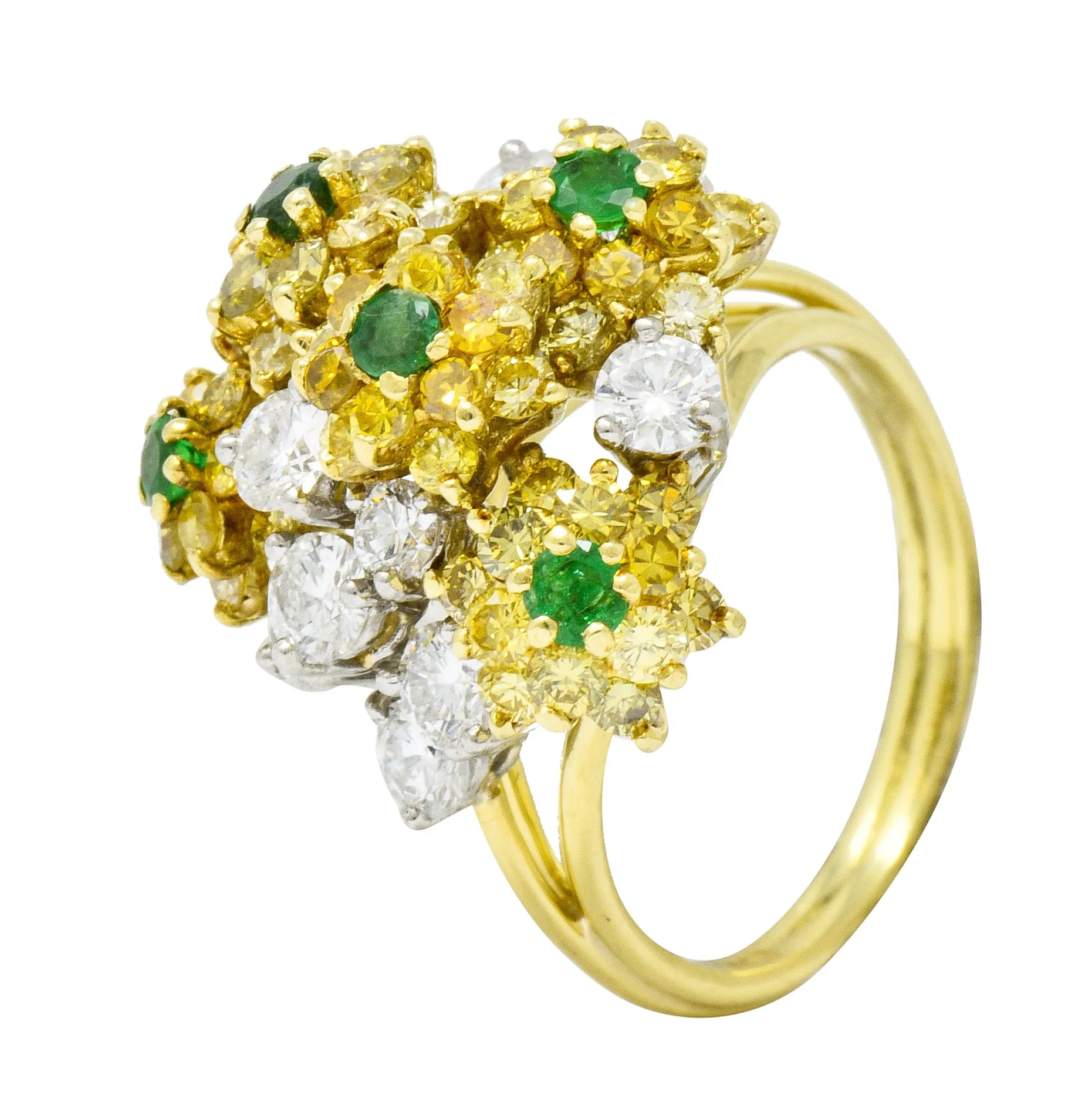 Vintage 3.21 CTW Yellow and White Diamond Emerald 18 Karat Gold Floral Cluster Ring