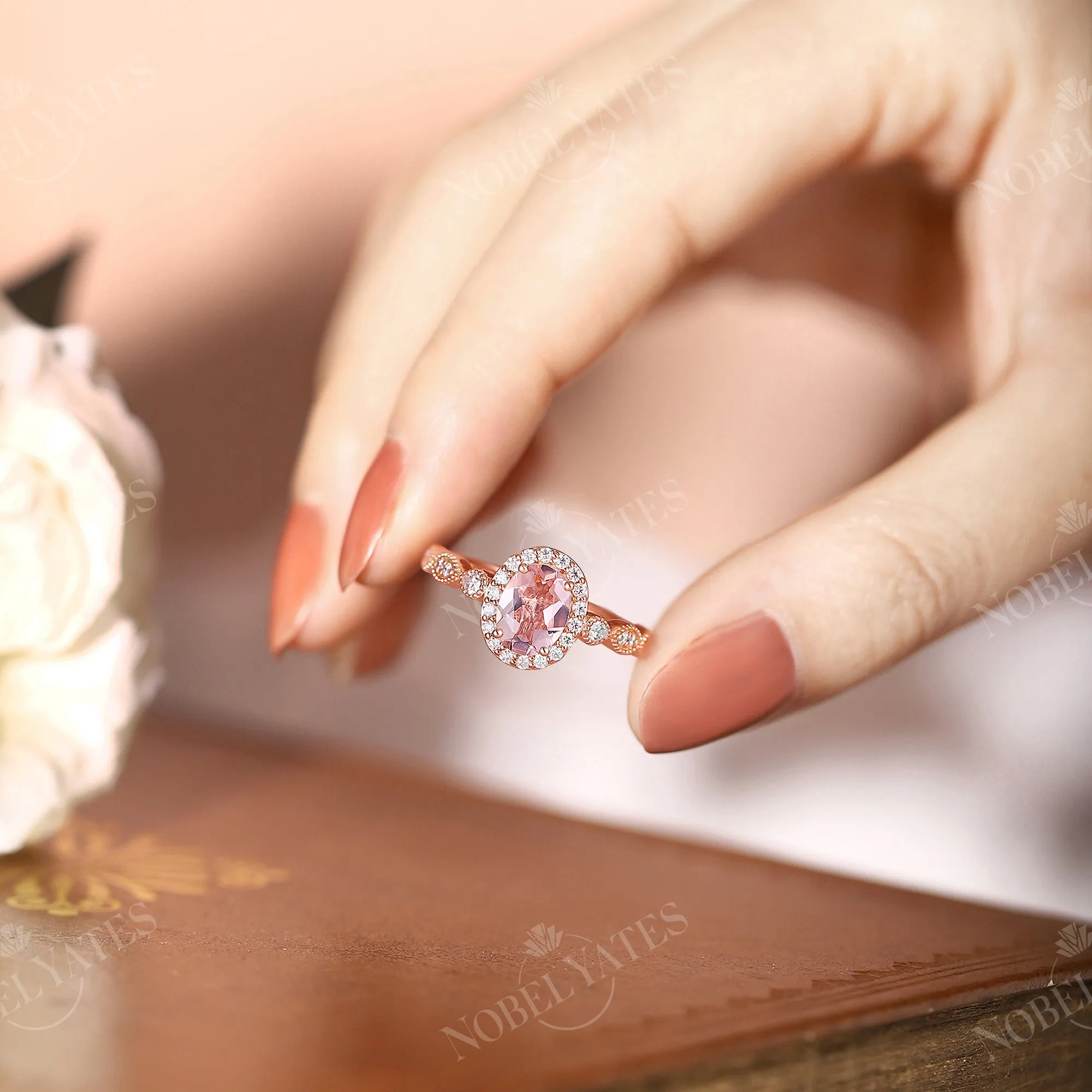 Vintage Orange Pink Morganite Halo & Milgrain Engagement Ring Rose Gold