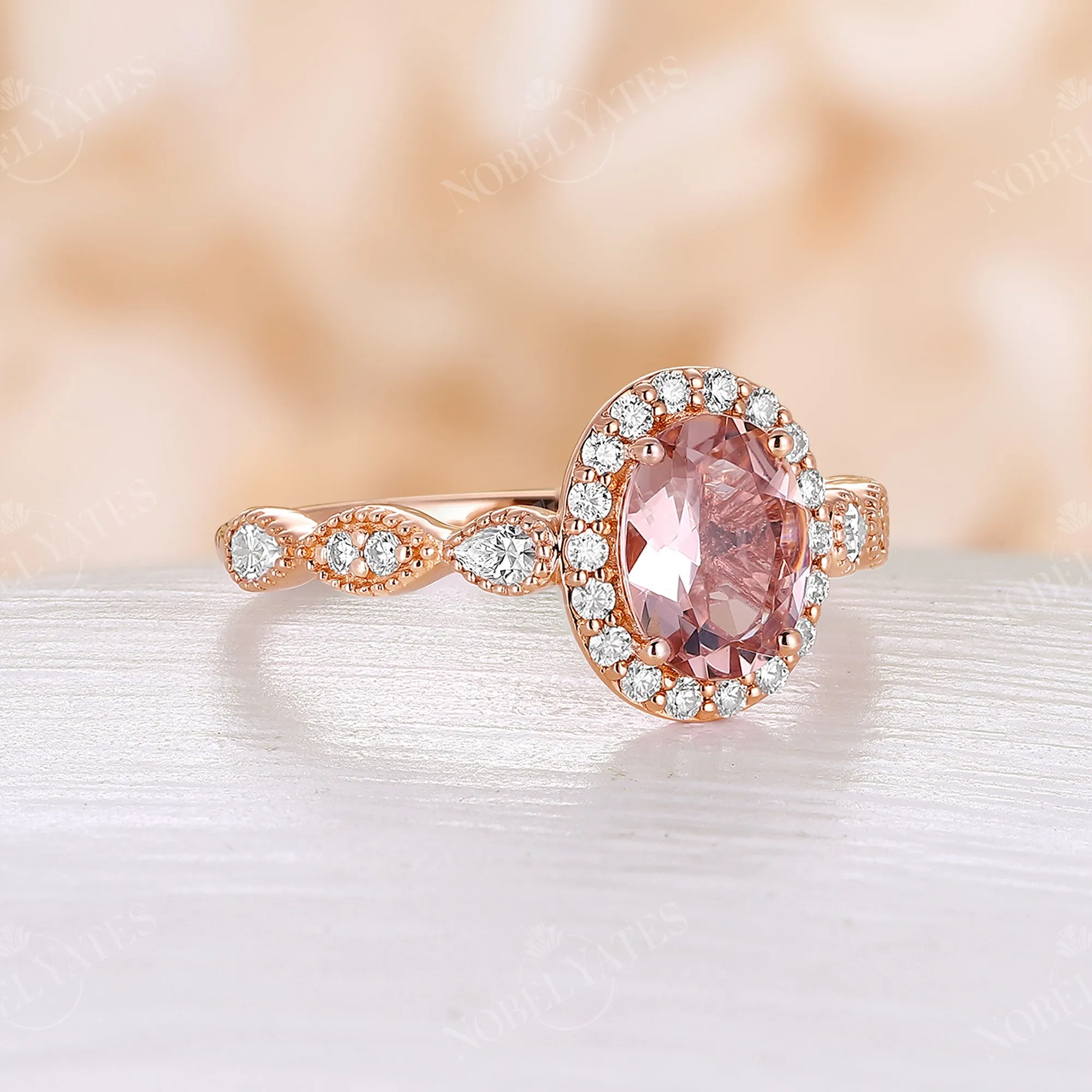 Vintage Orange Pink Morganite Halo & Milgrain Engagement Ring Rose Gold