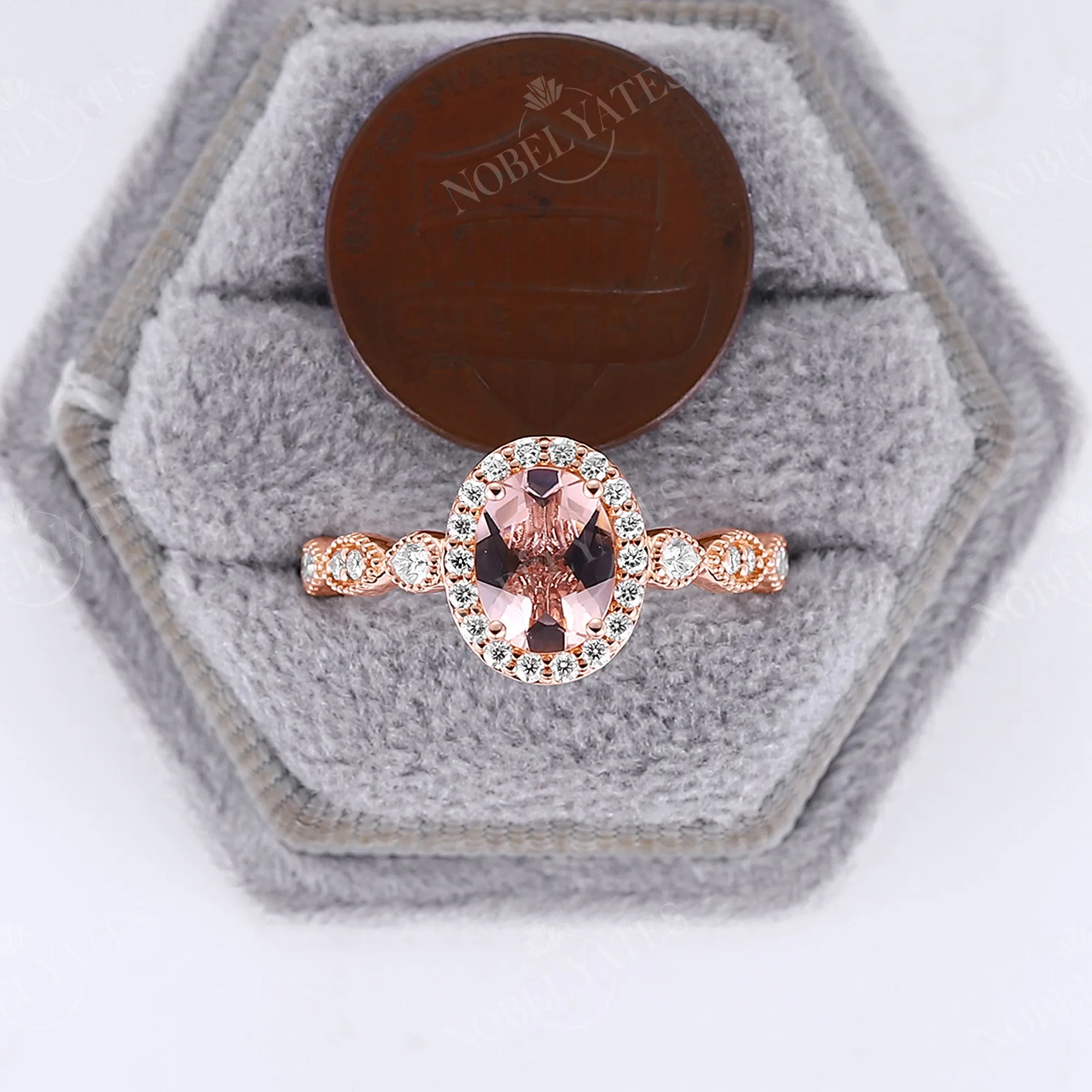 Vintage Orange Pink Morganite Halo & Milgrain Engagement Ring Rose Gold