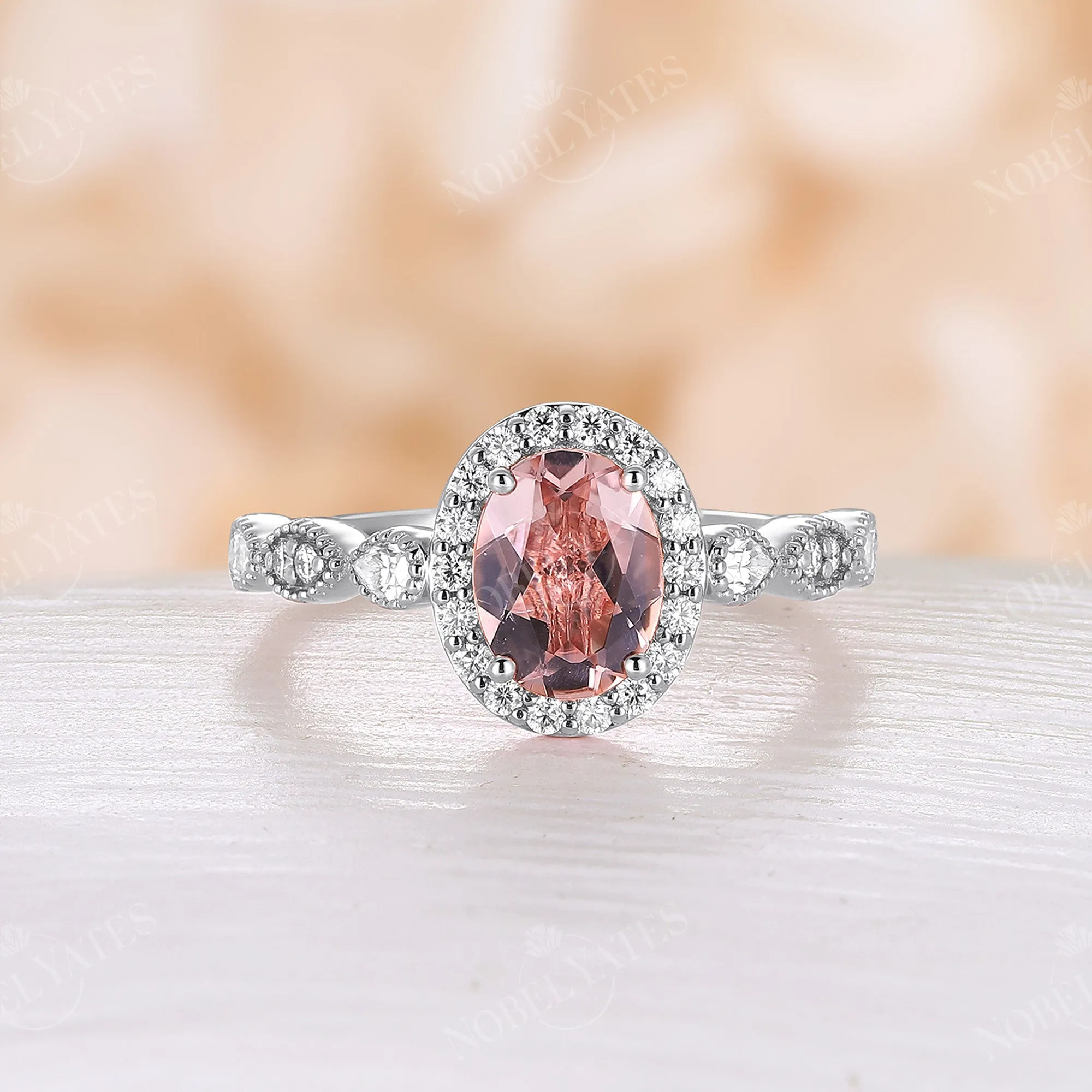 Vintage Orange Pink Morganite Halo & Milgrain Engagement Ring Rose Gold