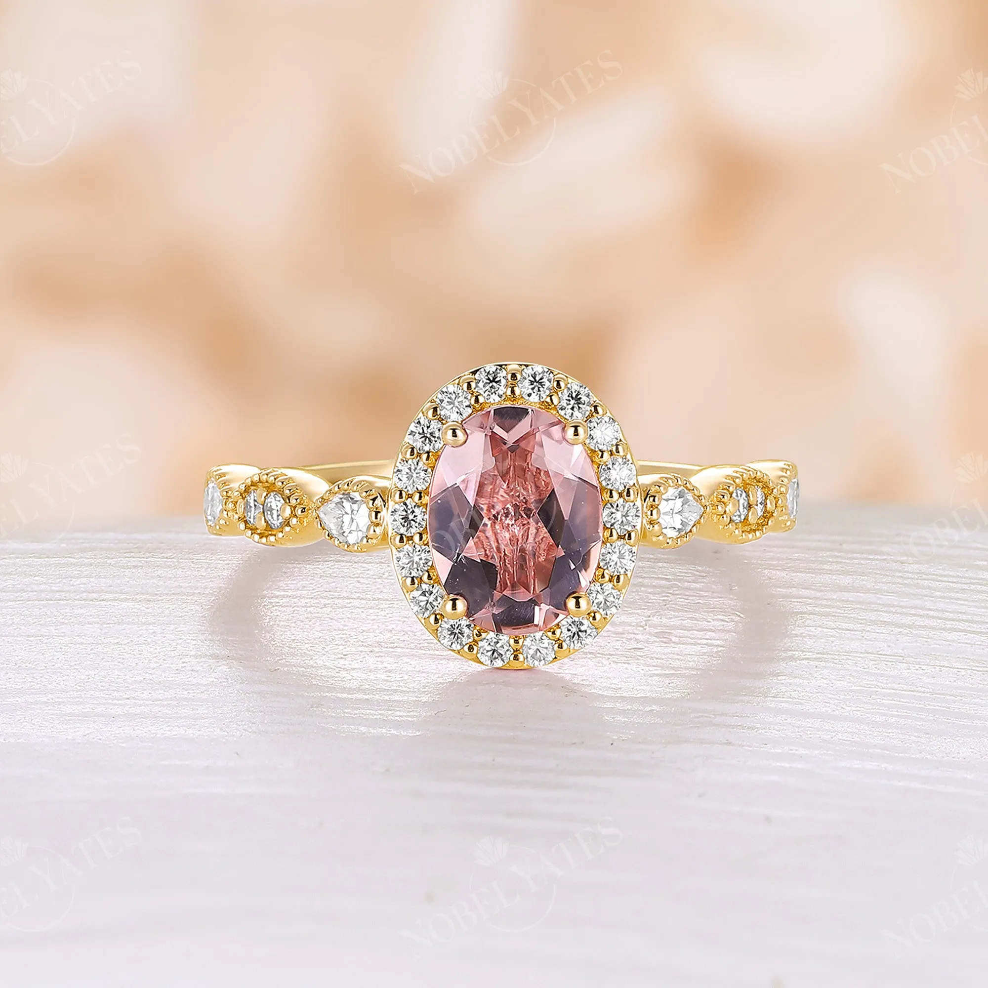 Vintage Orange Pink Morganite Halo & Milgrain Engagement Ring Rose Gold