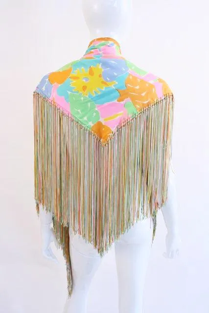 Vintage Silk Shawl Scarf with Rainbow Fringe