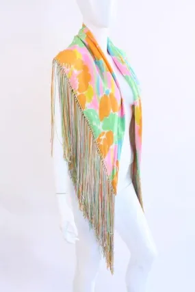 Vintage Silk Shawl Scarf with Rainbow Fringe