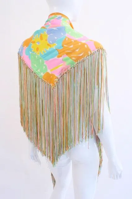 Vintage Silk Shawl Scarf with Rainbow Fringe