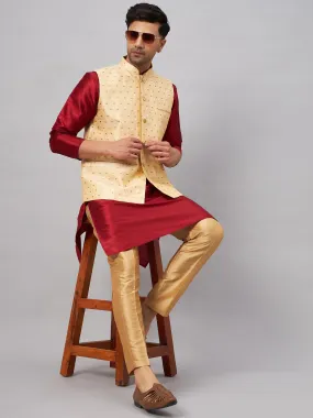 VM BY VASTRAMAY Men's Gold Zari Weaved Jacket With Kurta Pant Set