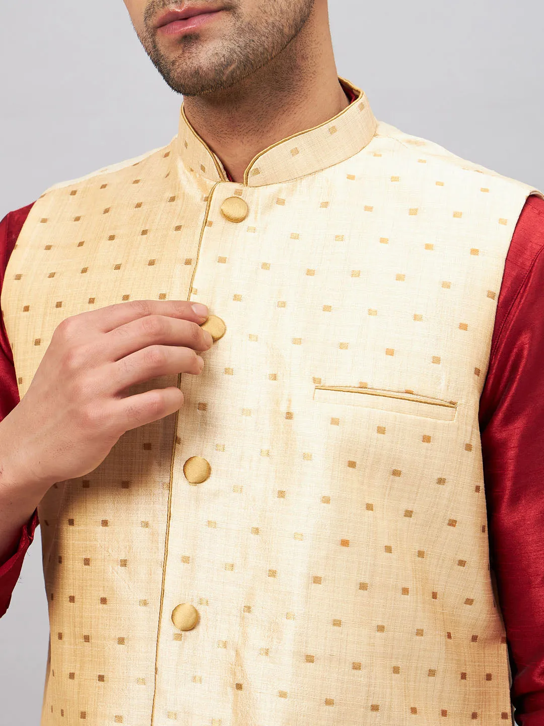 VM BY VASTRAMAY Men's Gold Zari Weaved Jacket With Kurta Pant Set