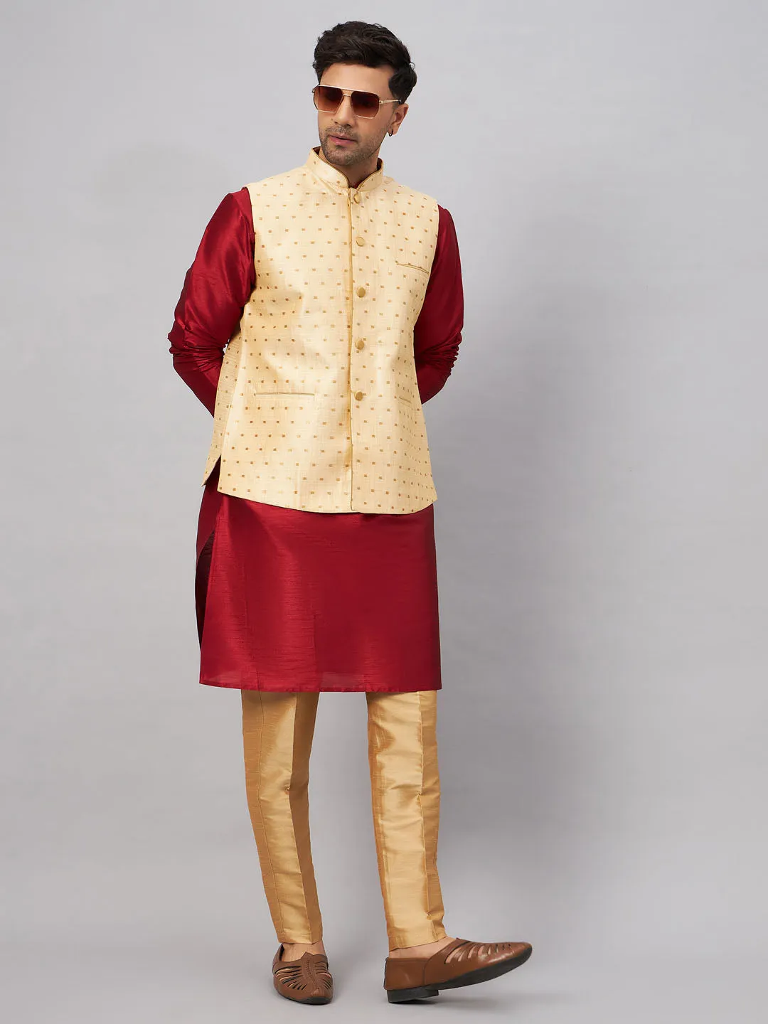 VM BY VASTRAMAY Men's Gold Zari Weaved Jacket With Kurta Pant Set