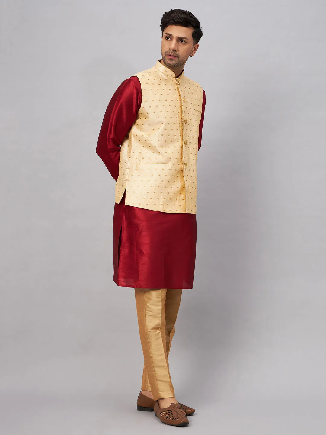 VM BY VASTRAMAY Men's Gold Zari Weaved Jacket With Kurta Pant Set