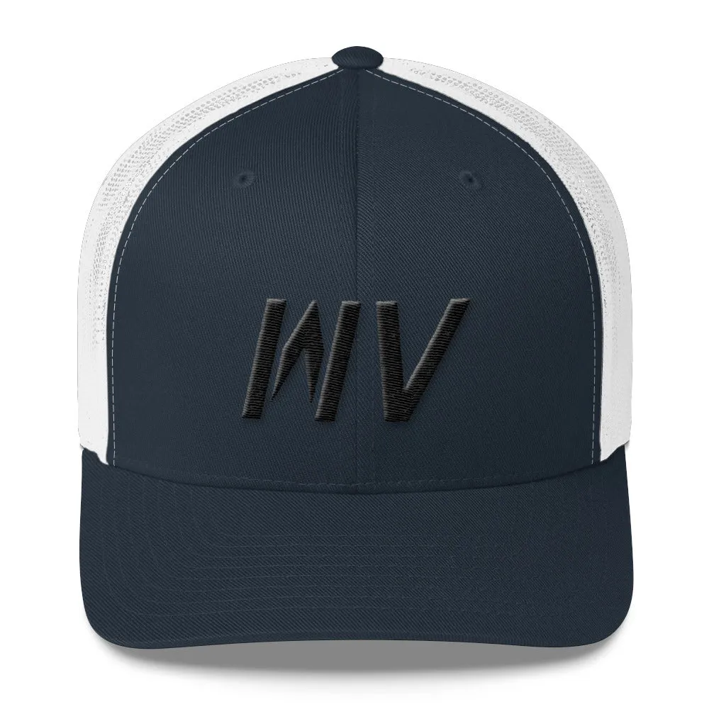 West Virginia - Mesh Back Trucker Cap - Black Embroidery - WV - Many Hat Color Options Available