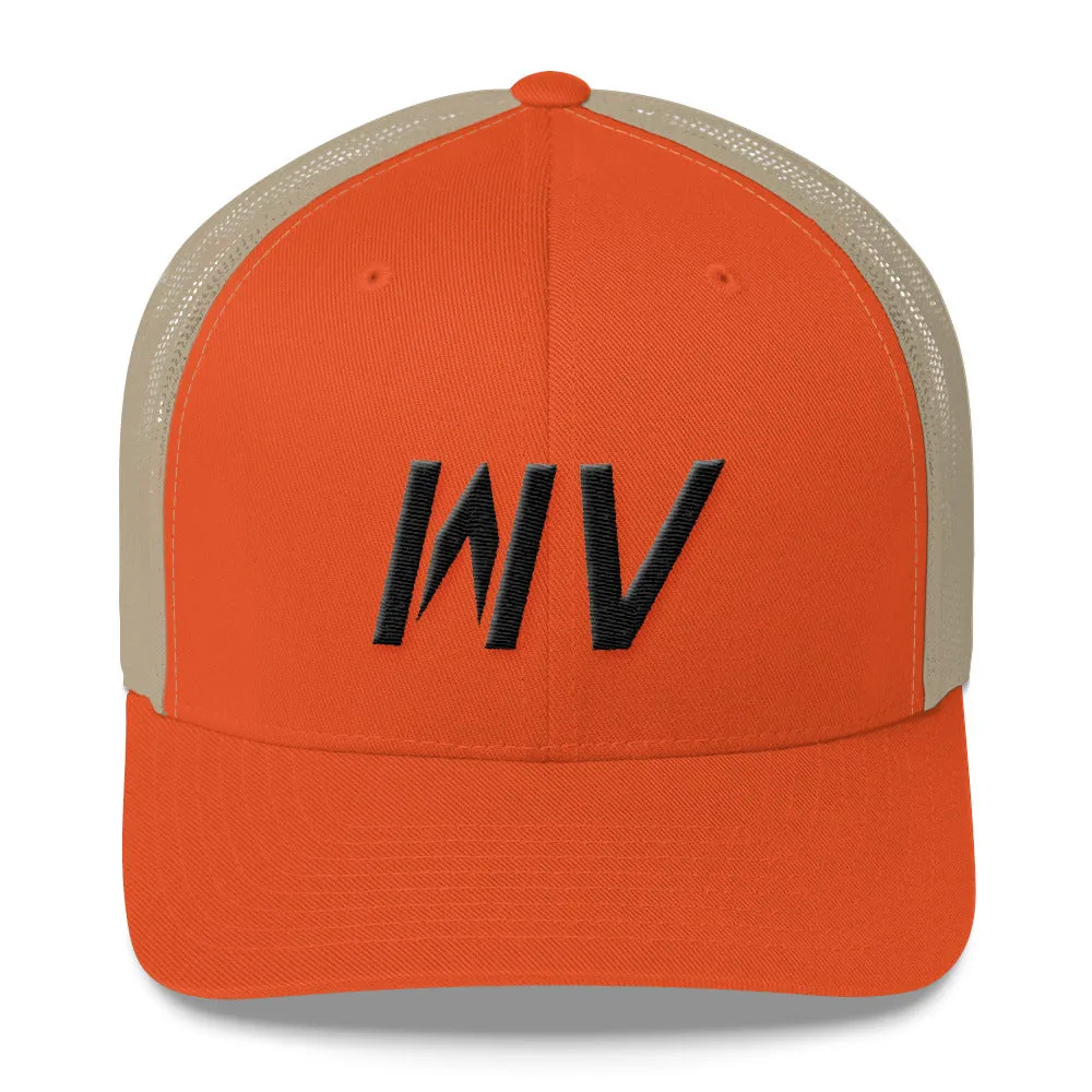 West Virginia - Mesh Back Trucker Cap - Black Embroidery - WV - Many Hat Color Options Available